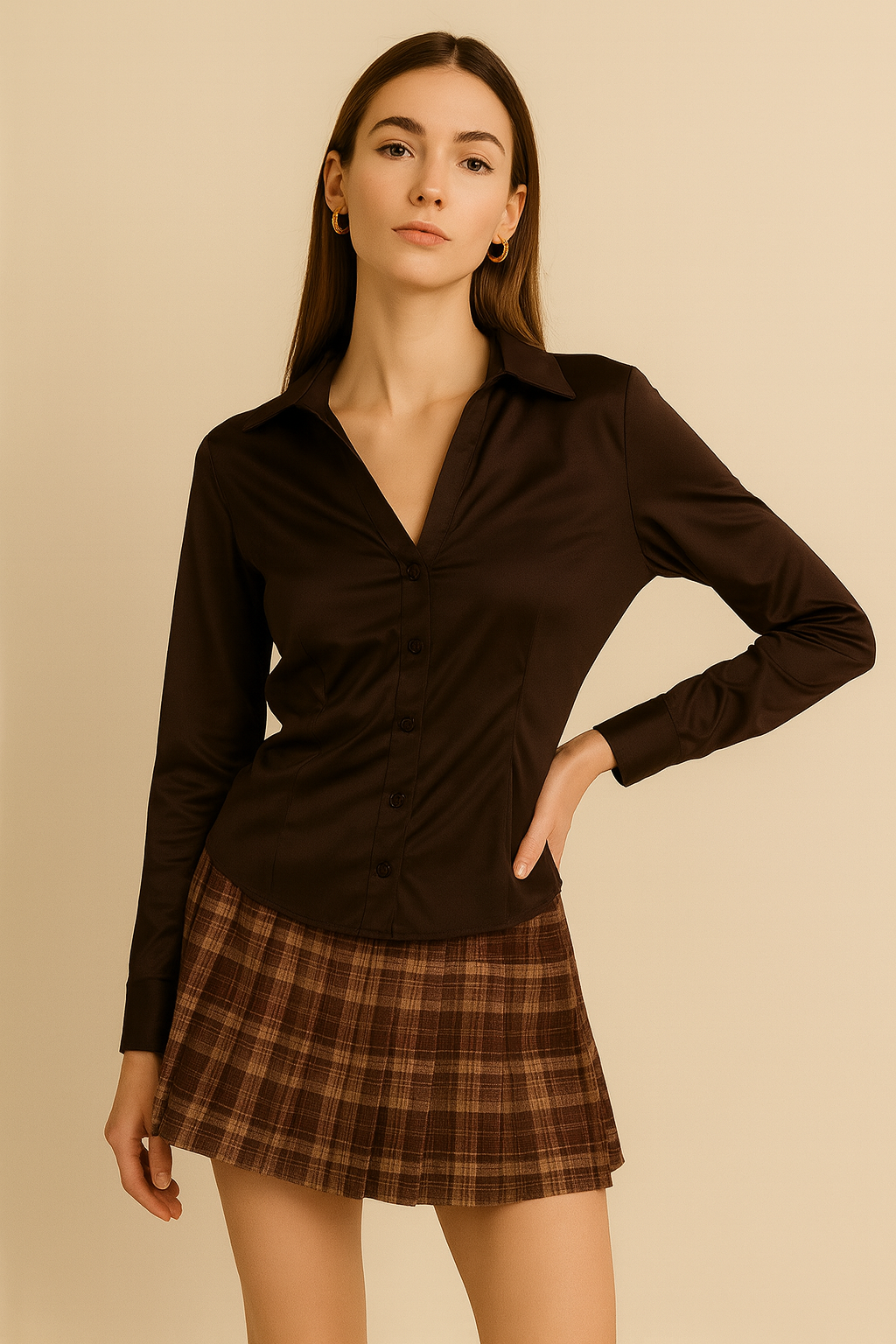 A woman wearing a fitted, deep mocha satin shirt with long sleeves and a pointed collar. The shirt buttons down the front and has subtle darting for shape. She is also wearing a brown plaid pleated mini skirt.