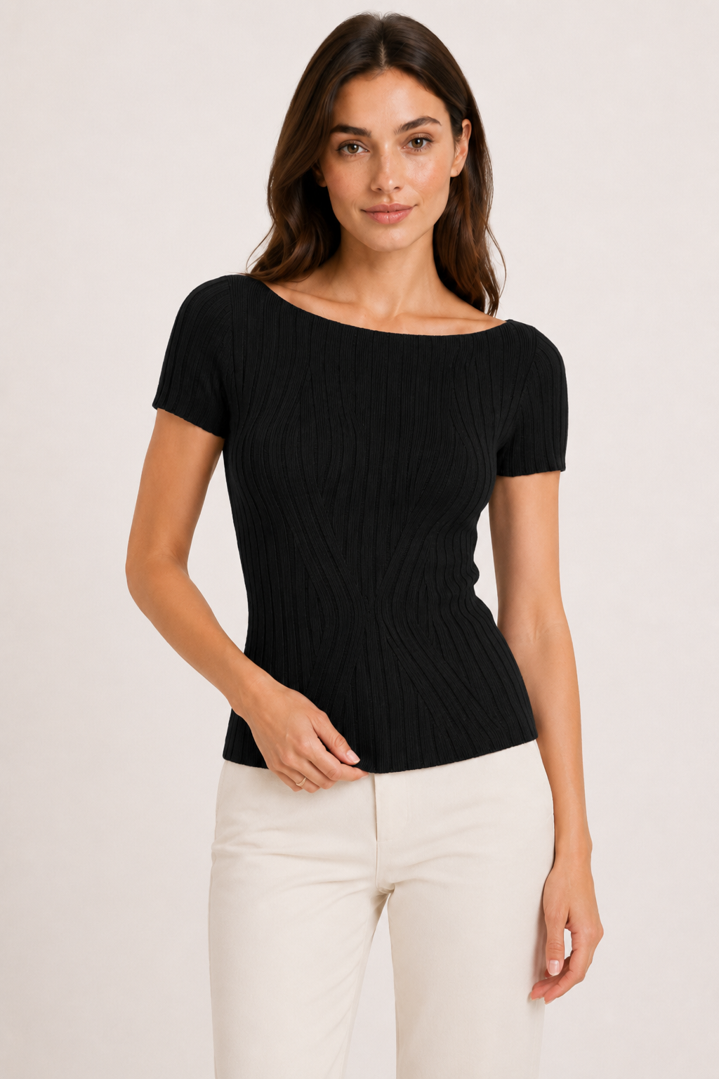Soft Ribbed Knit Boat Neck Top
