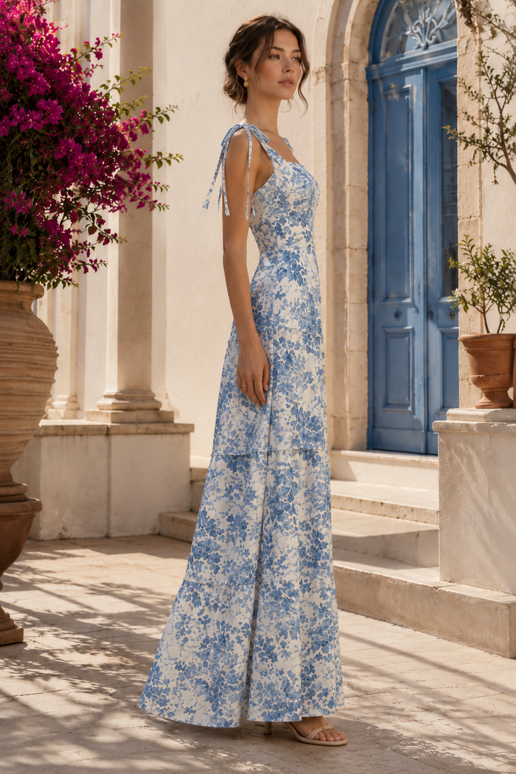 Blue Floral Tie-Shoulder Maxi Dress