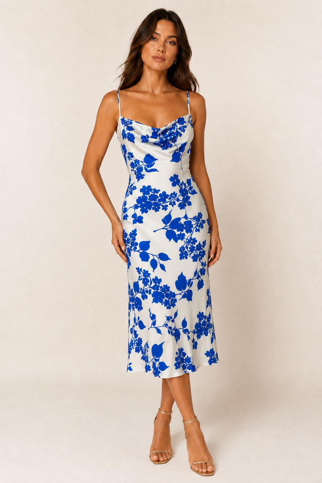 Blue & White Floral Cowl Neck Midi Dress