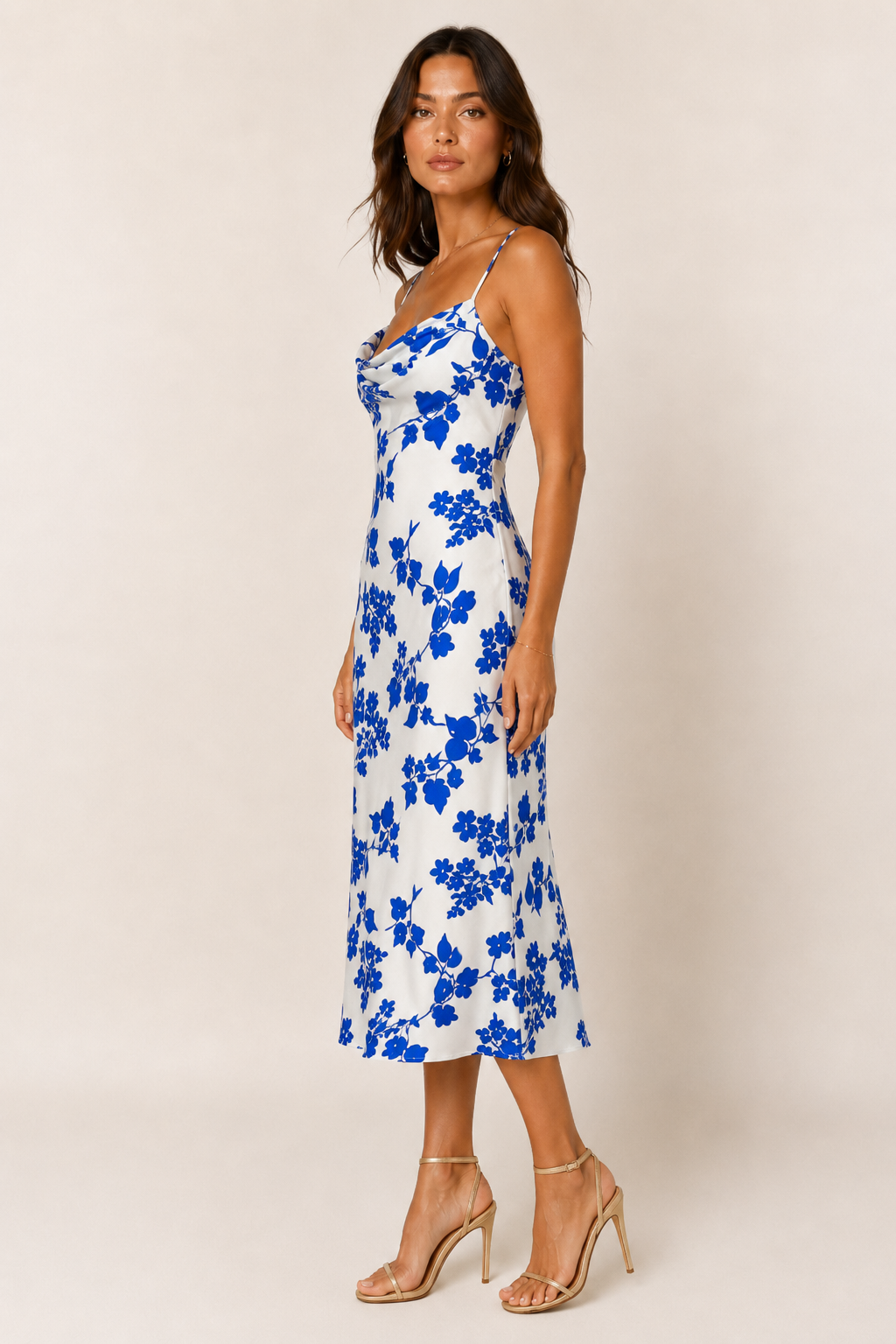 Blue & White Floral Cowl Neck Midi Dress