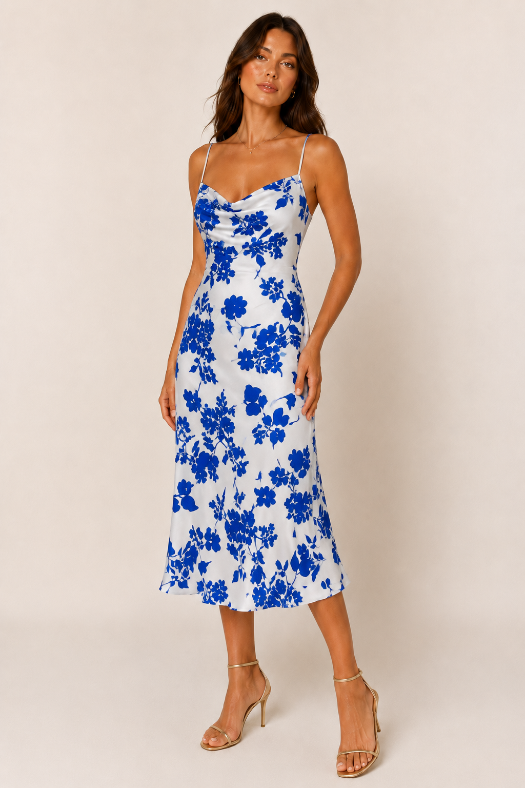 Blue & White Floral Cowl Neck Midi Dress