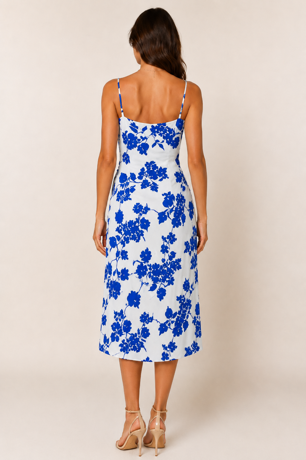 Blue & White Floral Cowl Neck Midi Dress
