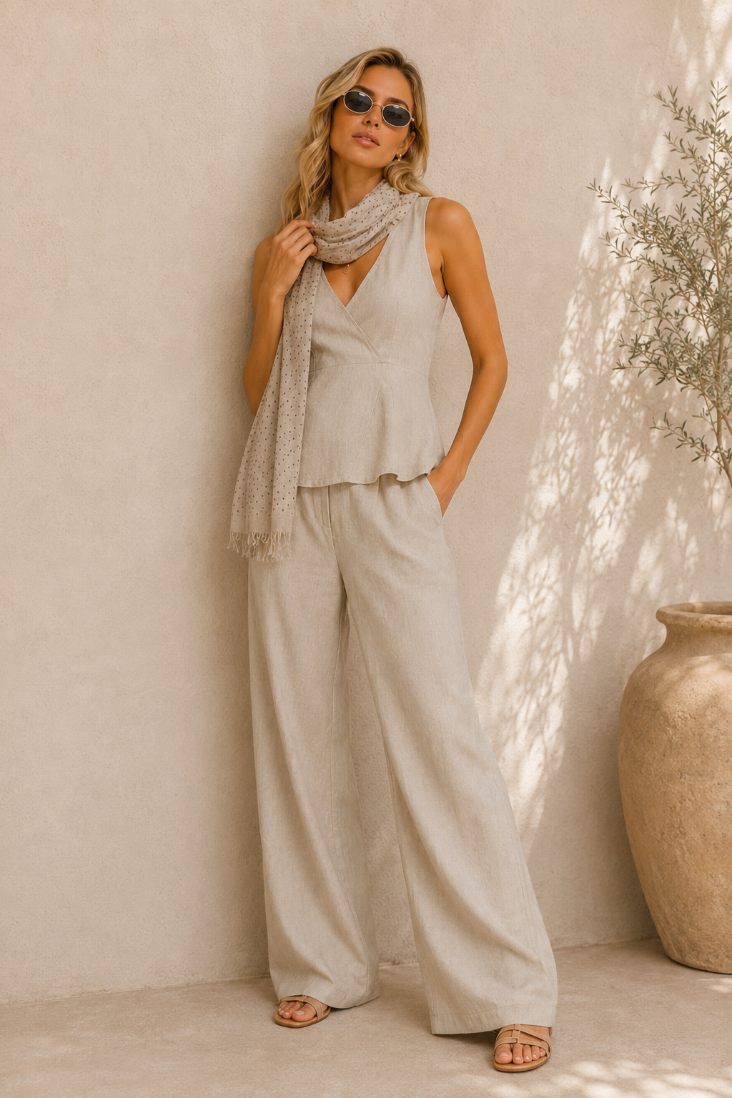 A woman wearing a light beige sleeveless top and matching wide-leg pants, styled with a textured light gray scarf and sunglasses, standing against a sunlit beige stucco wall.
