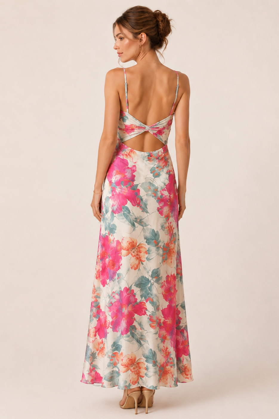 A woman modeling a long floral maxi dress from the back, featuring thin straps, a crossover back detail, and a flowing skirt with pink, orange, and teal flowers on a light background.