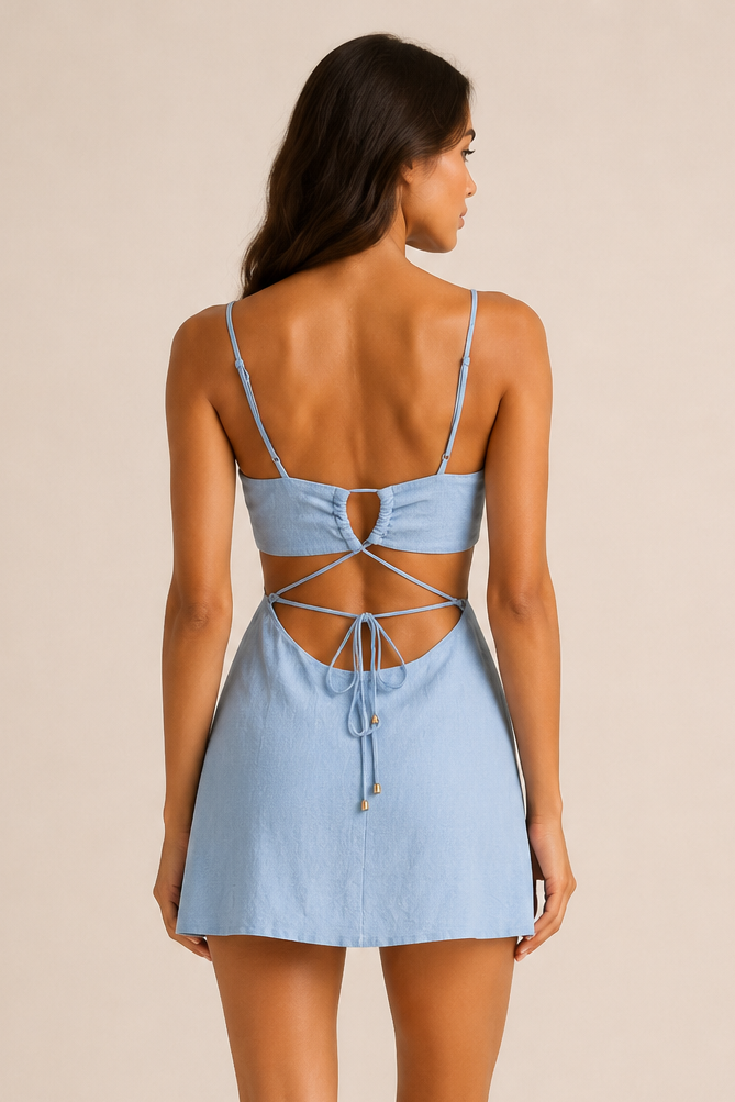 A woman shown from the back wearing a light blue mini dress with thin straps and a lace-up open back, standing against a plain beige studio background.