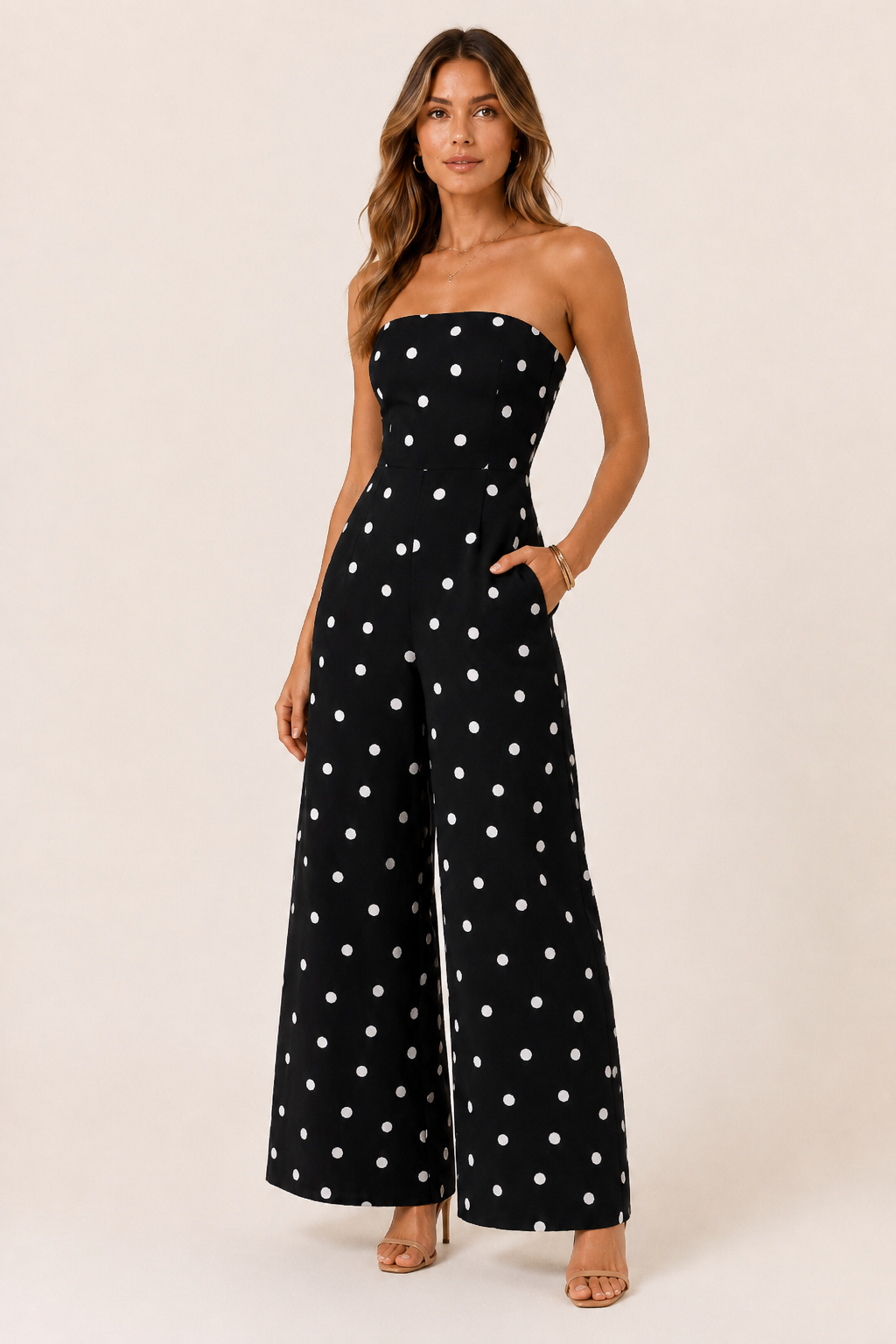 Polka Dot Strapless Wide-Leg Jumpsuit