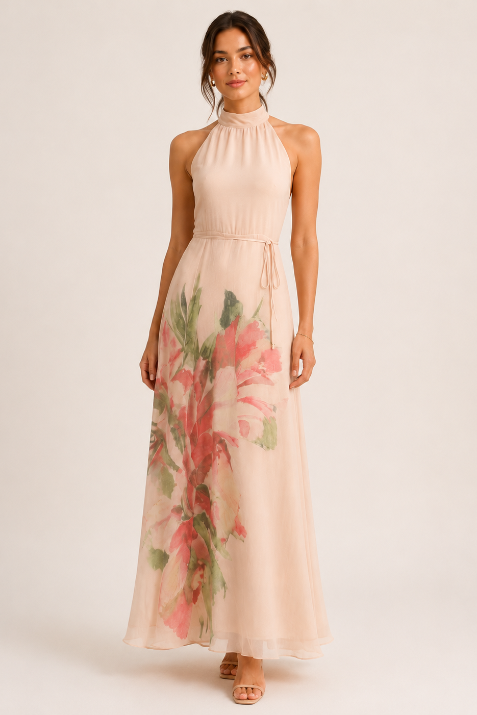 Woman wearing a floral dress on a white background