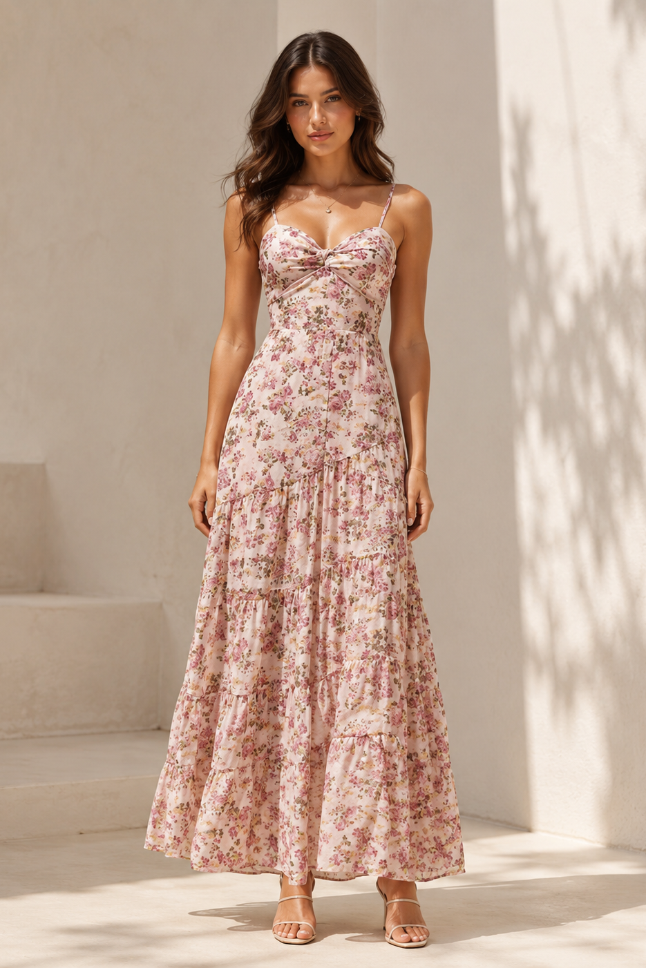 Woman wearing a floral dress standing in a sunlit outdoor setting.
