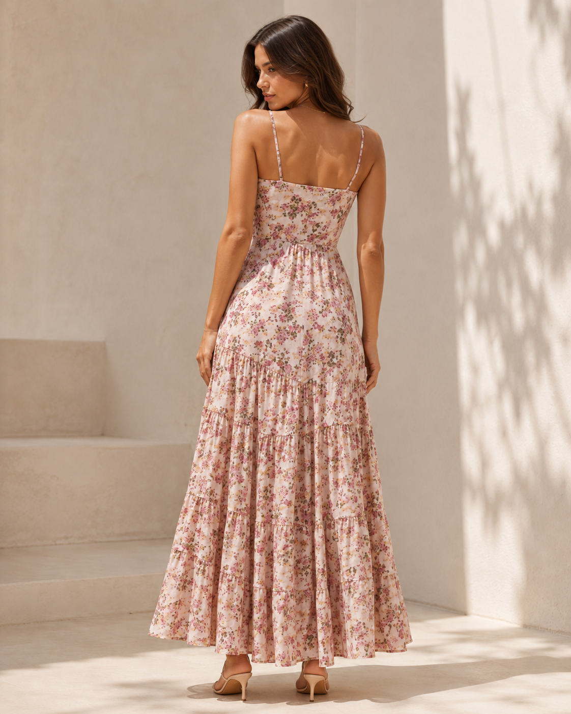Pink Floral Twist Front Tiered Maxi Dress