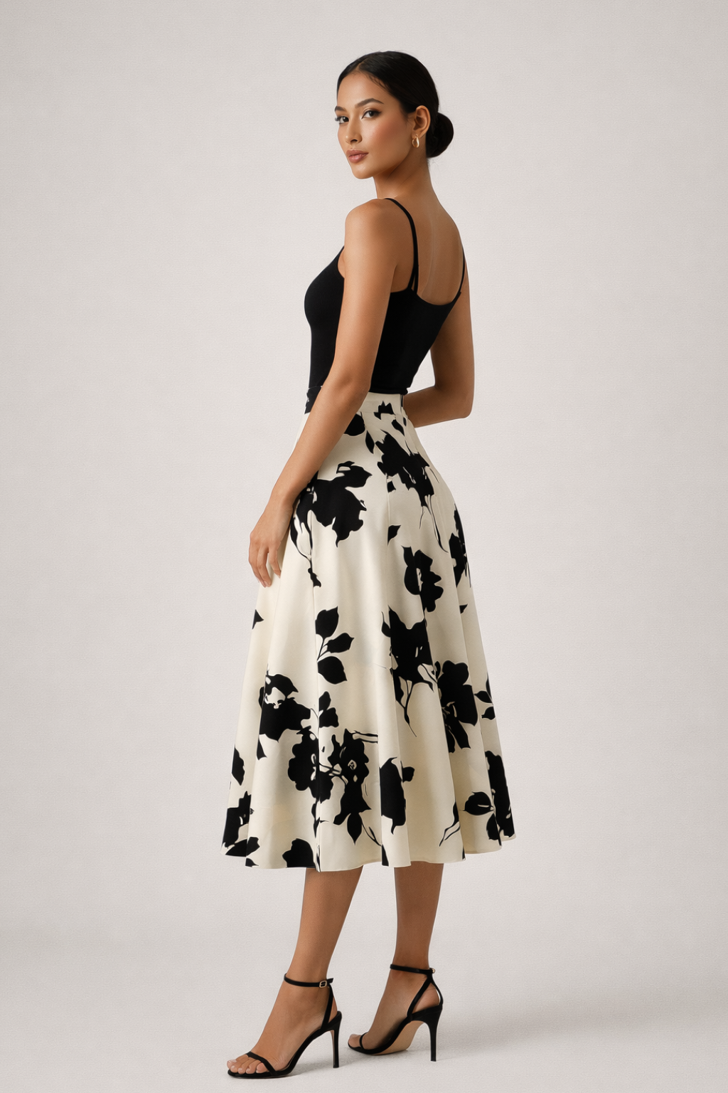 Black & Ivory Floral Midi Skirt