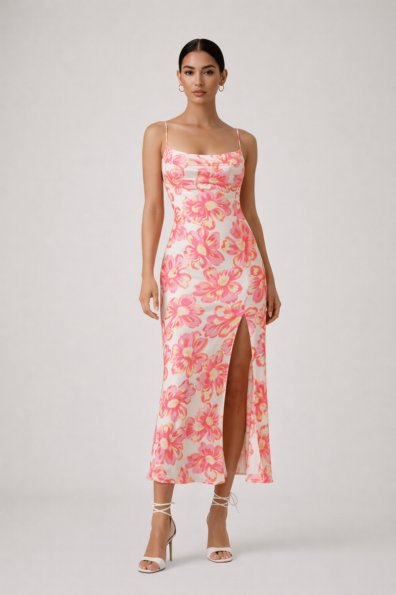 floral cowl neck high slit slip midi dress Pink – Elegant Side Summer Dress extended:303109