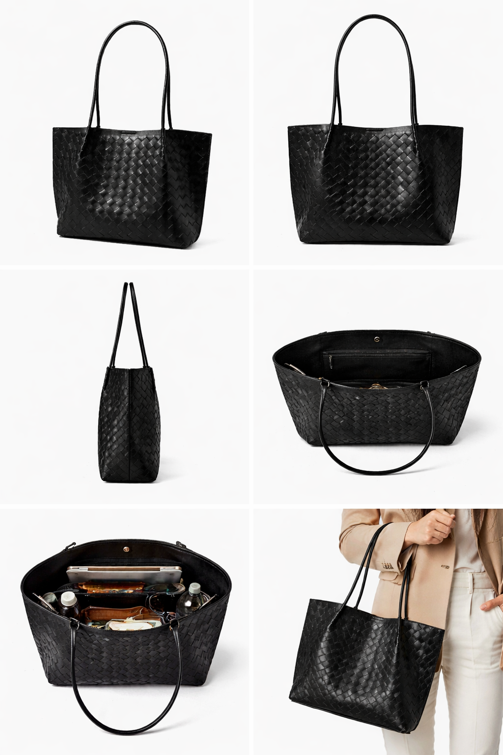 Woven Black Leather Tote Bag
