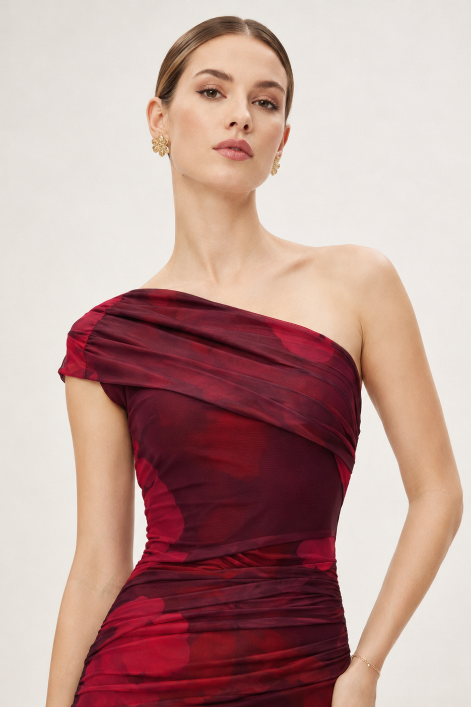 Floral One-Shoulder Mesh Maxi Dress