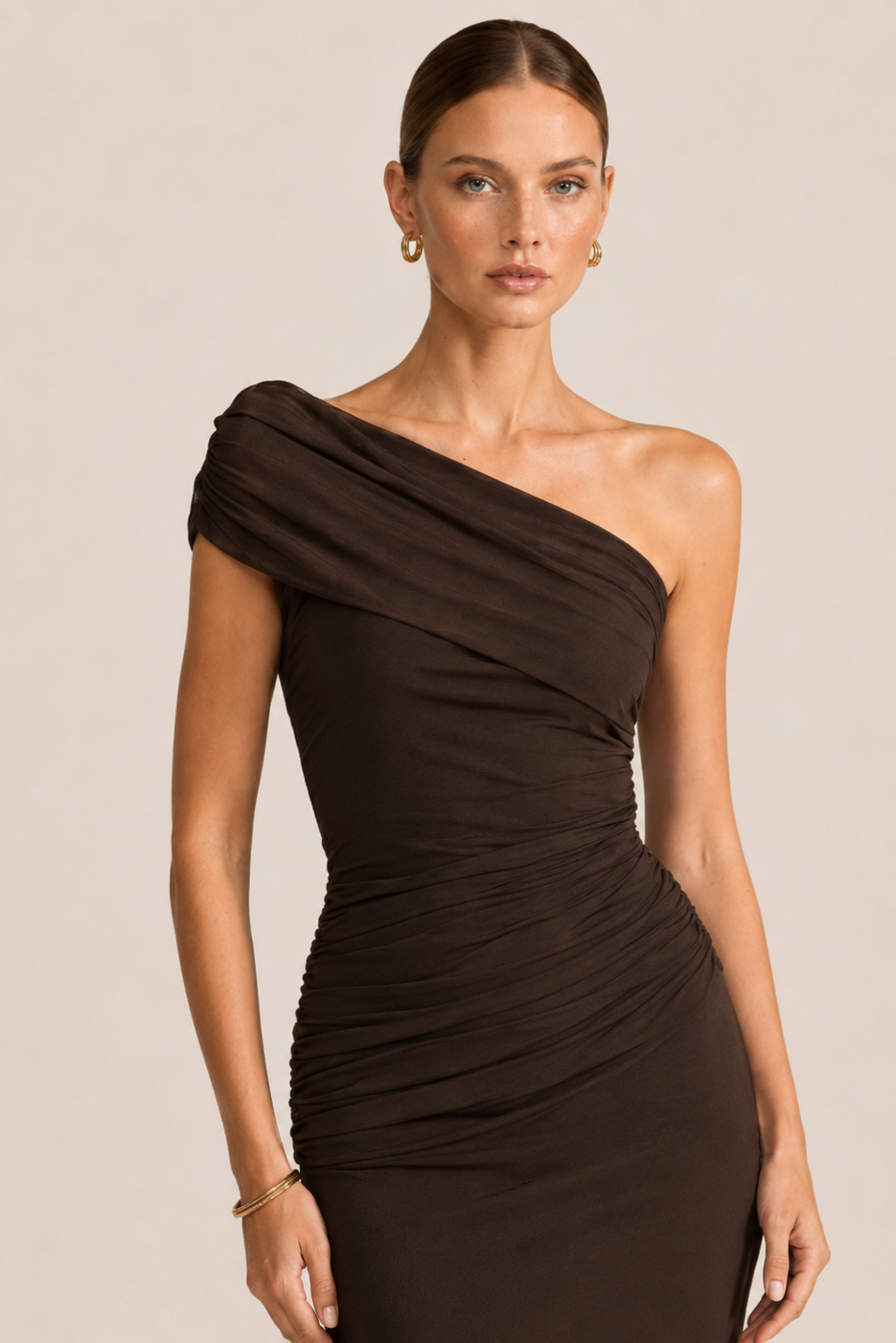Ruched One-Shoulder Mesh Maxi Dress