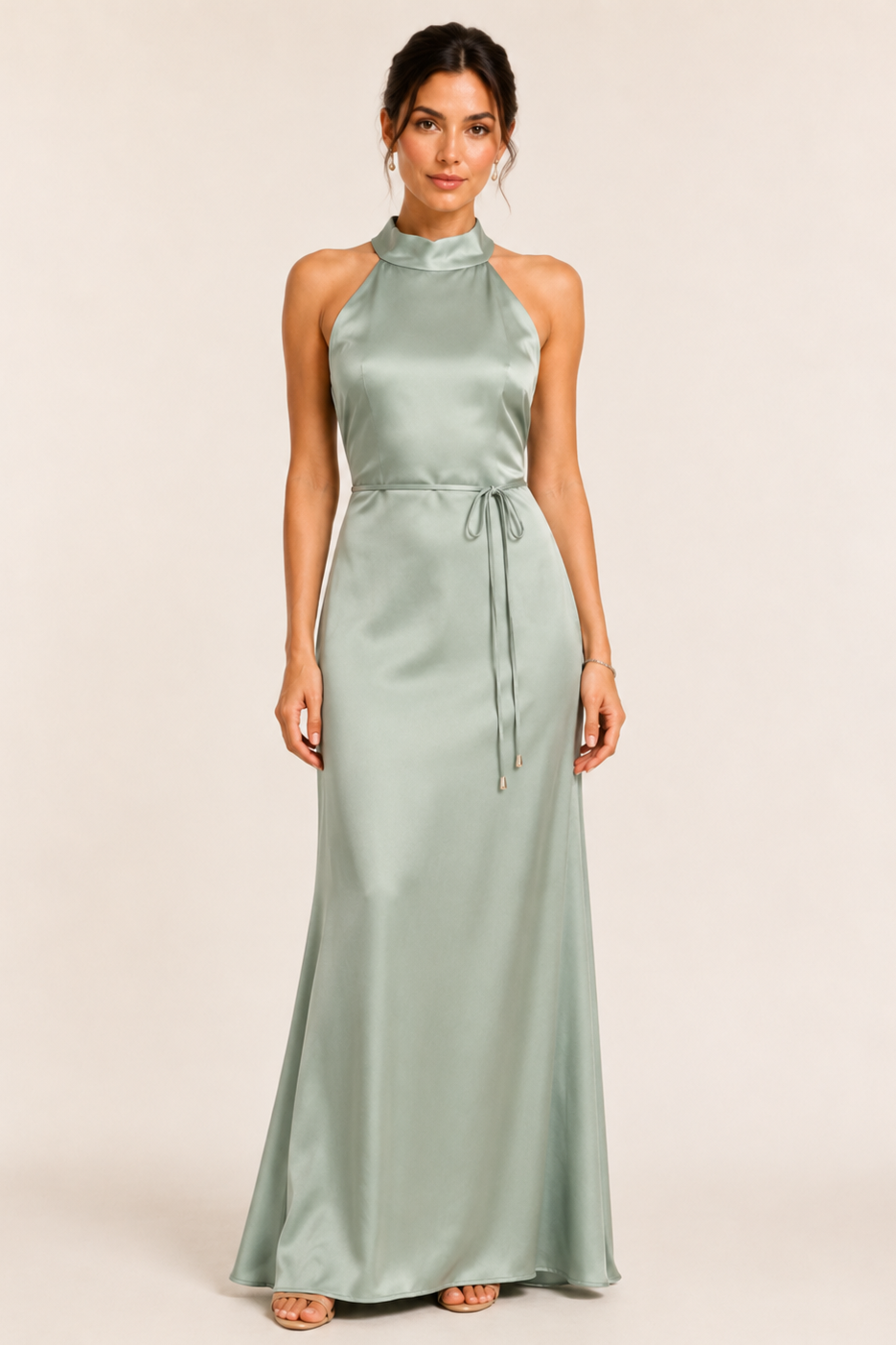 Sage Halter Satin Maxi Dress