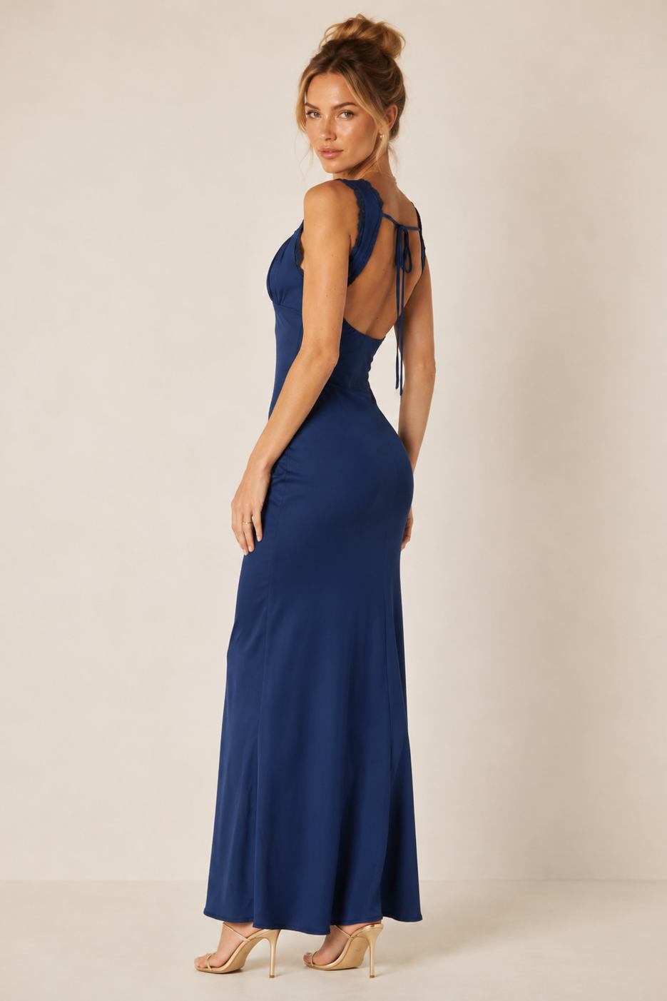 Navy Satin Lace-Trim Maxi Dress — 2BELLA BOUTIQUE