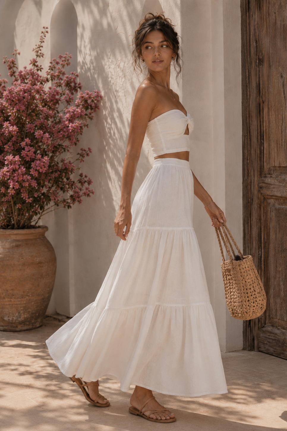 Woman in a white dress holding a straw bag in front of a wooden door and potted plant.