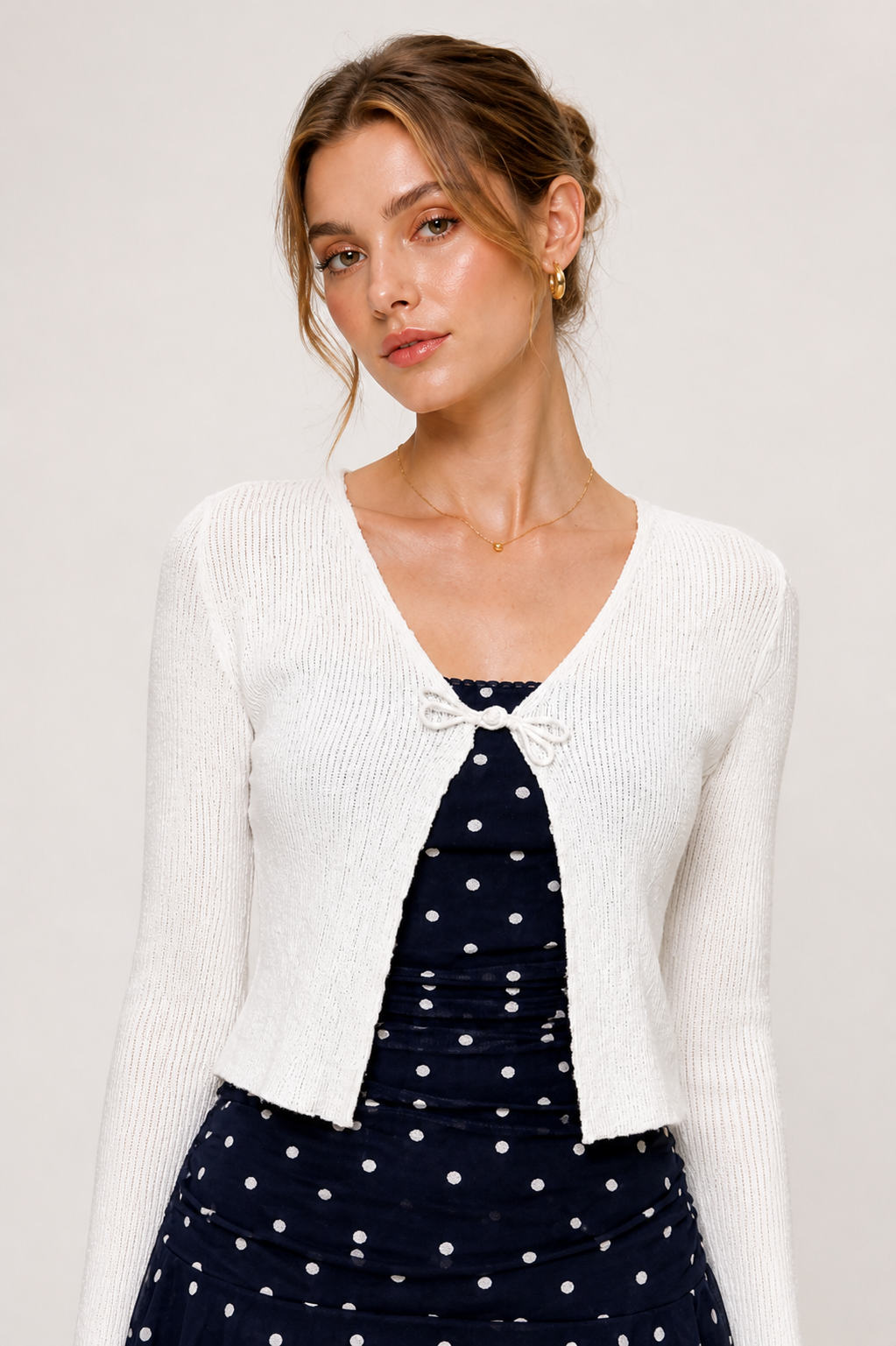 White Ribbed Knit Tie-Front Cropped Cardigan