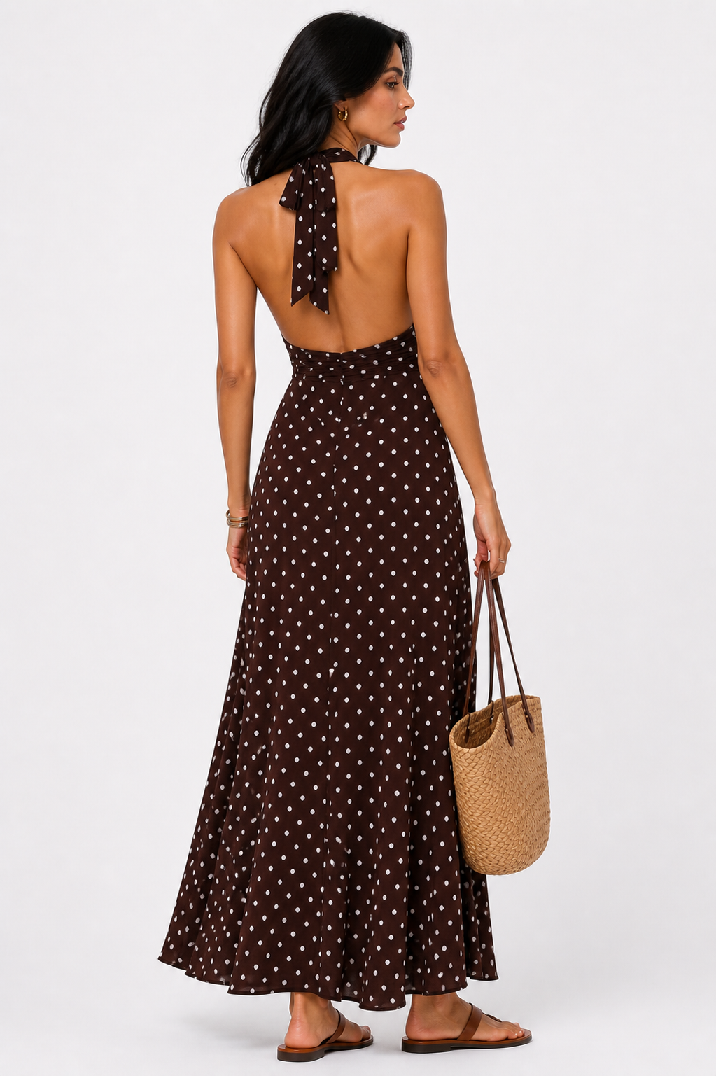 Chocolate Brown Polka Dot Halter Maxi Dress - Medium Chocolate Brown Polka Dot Halter Maxi Dress - Medium