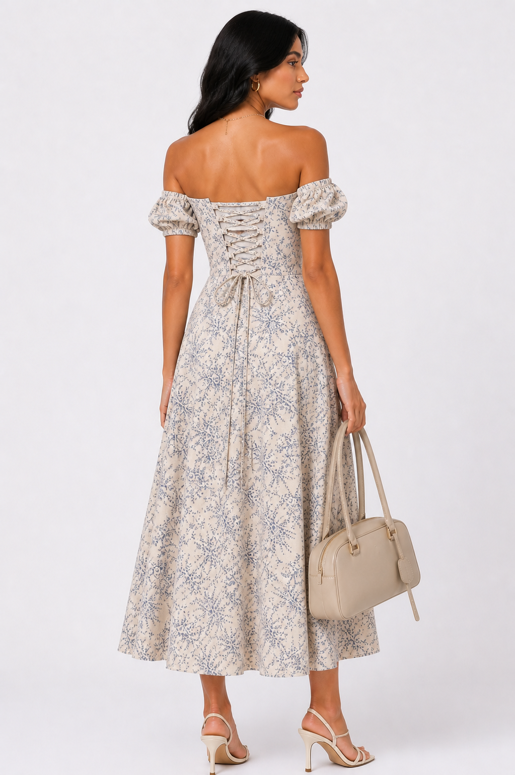 Blue Floral Off-Shoulder Corset Midi Dress