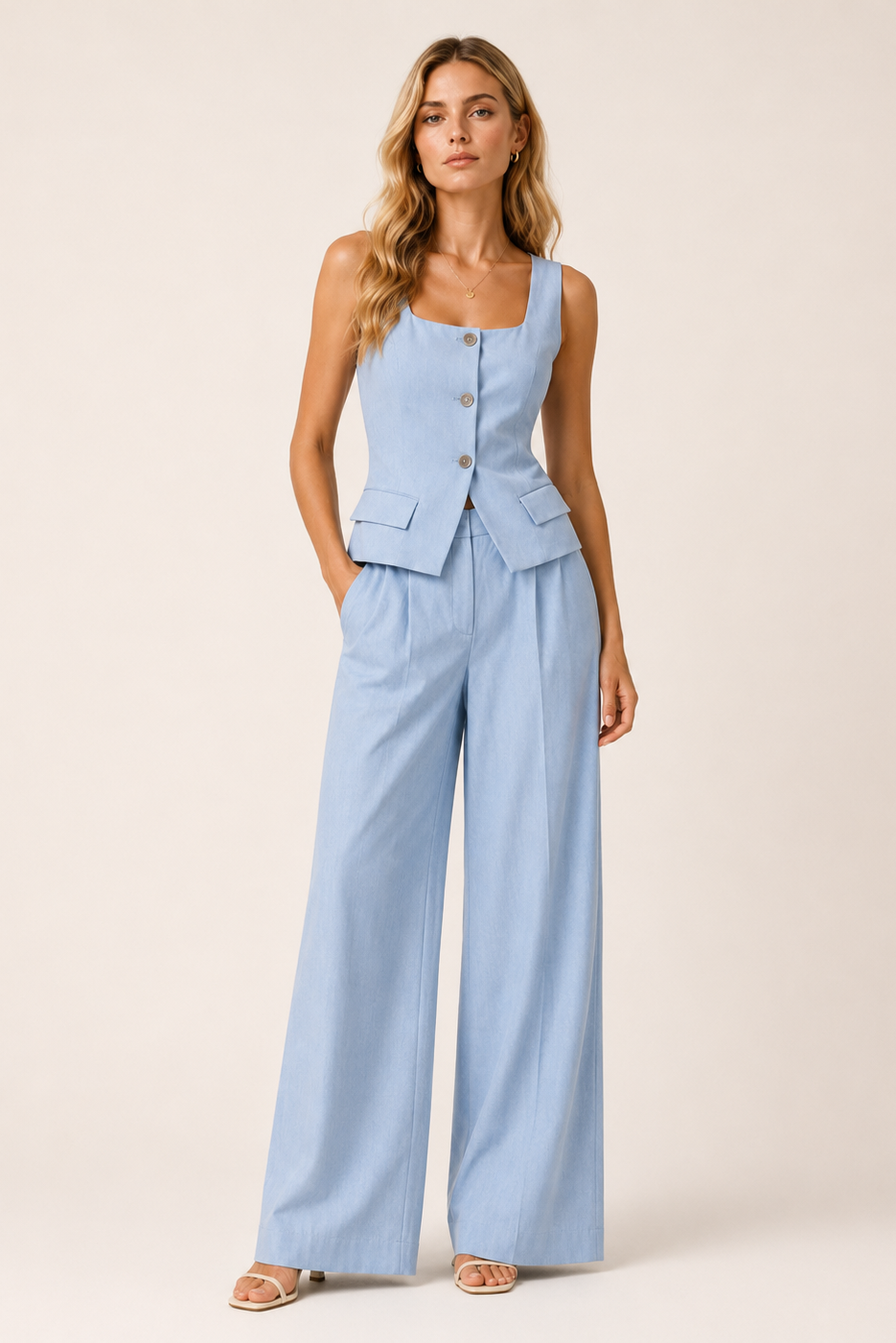 Woman wearing a light blue jumpsuit with a buttoned top on a beige background