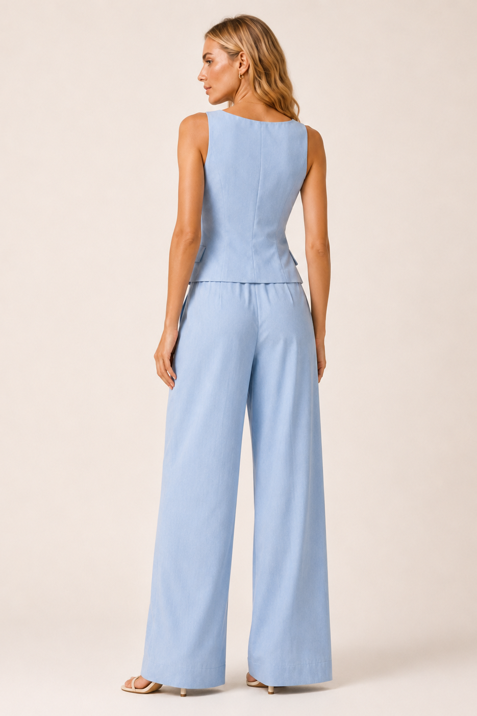 Woman wearing a light blue jumpsuit on a beige background