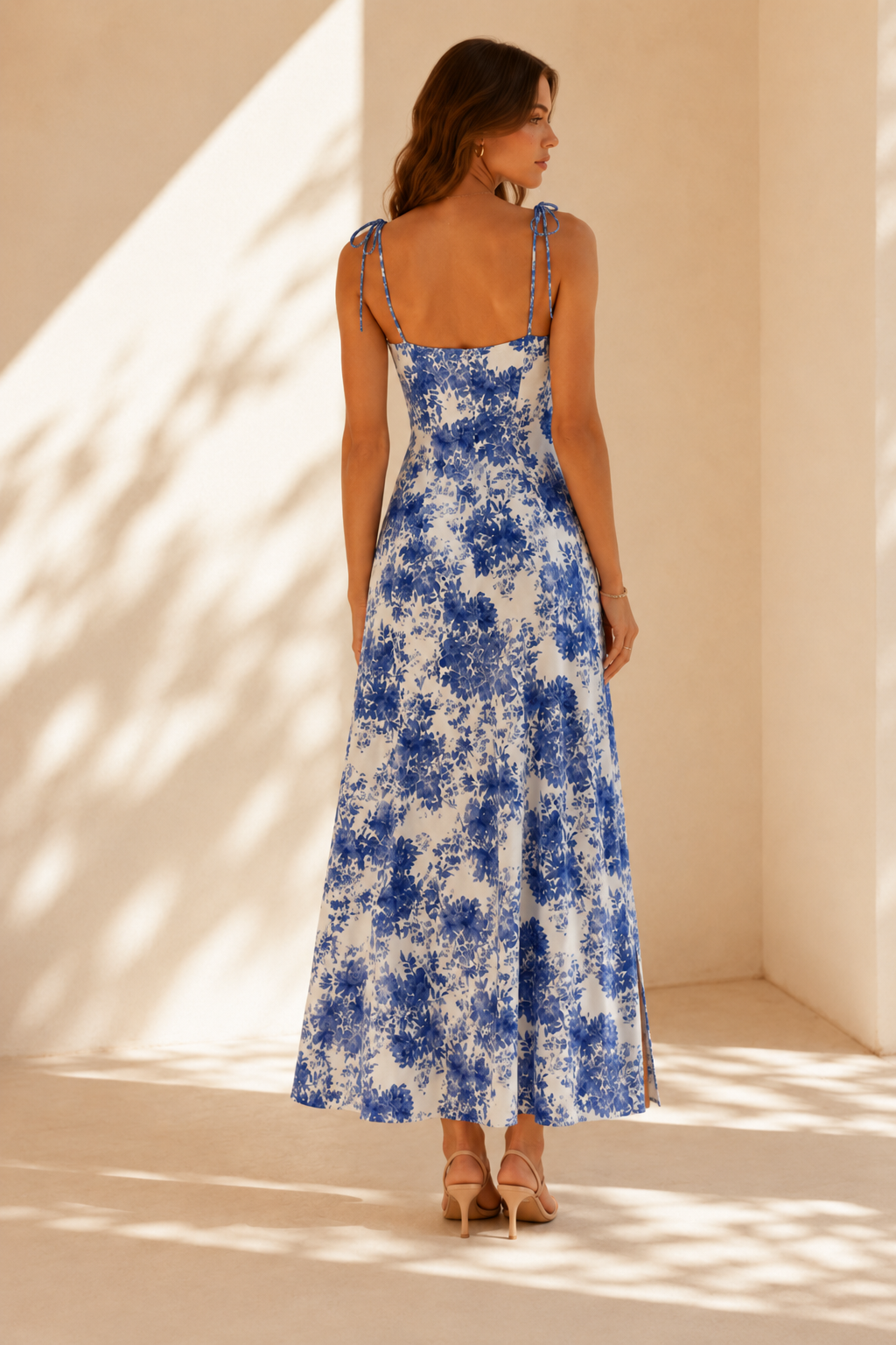 Blue Floral Tie Strap Maxi Dress