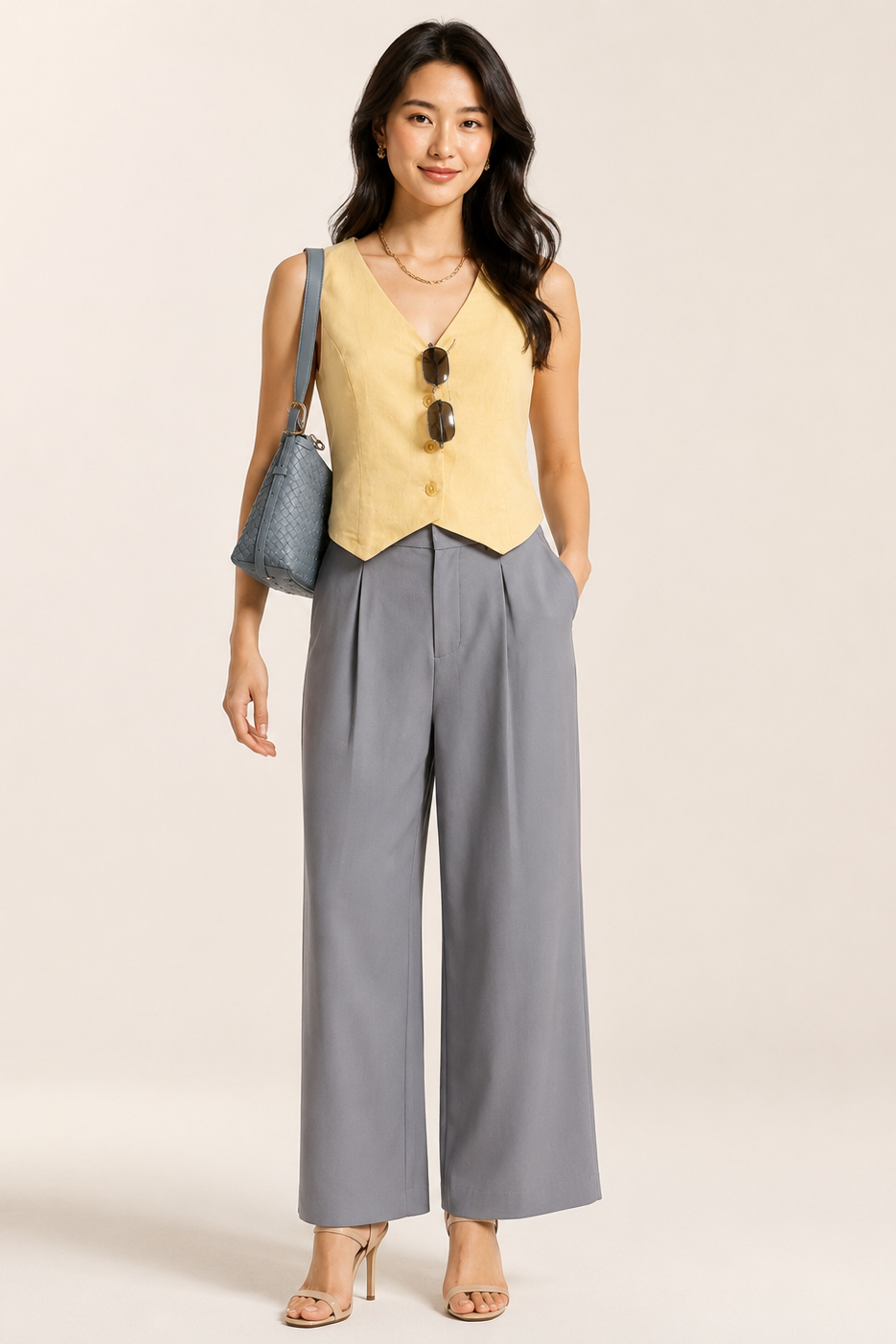 Woman wearing a yellow top and gray pants with a blue handbag on a beige background