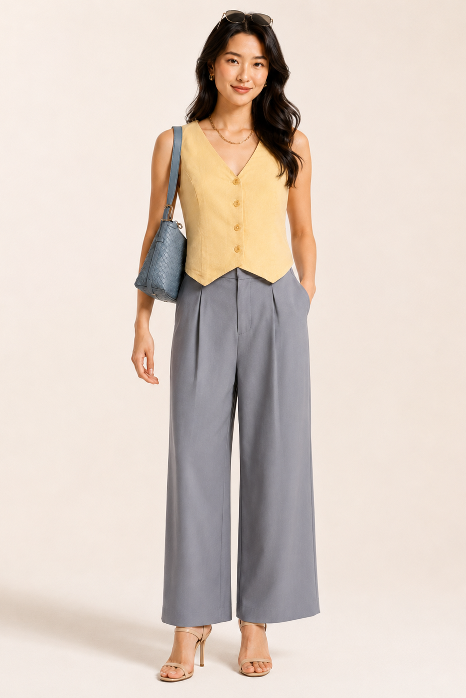 Woman wearing a yellow vest and gray wide-leg pants with a blue handbag on a beige background