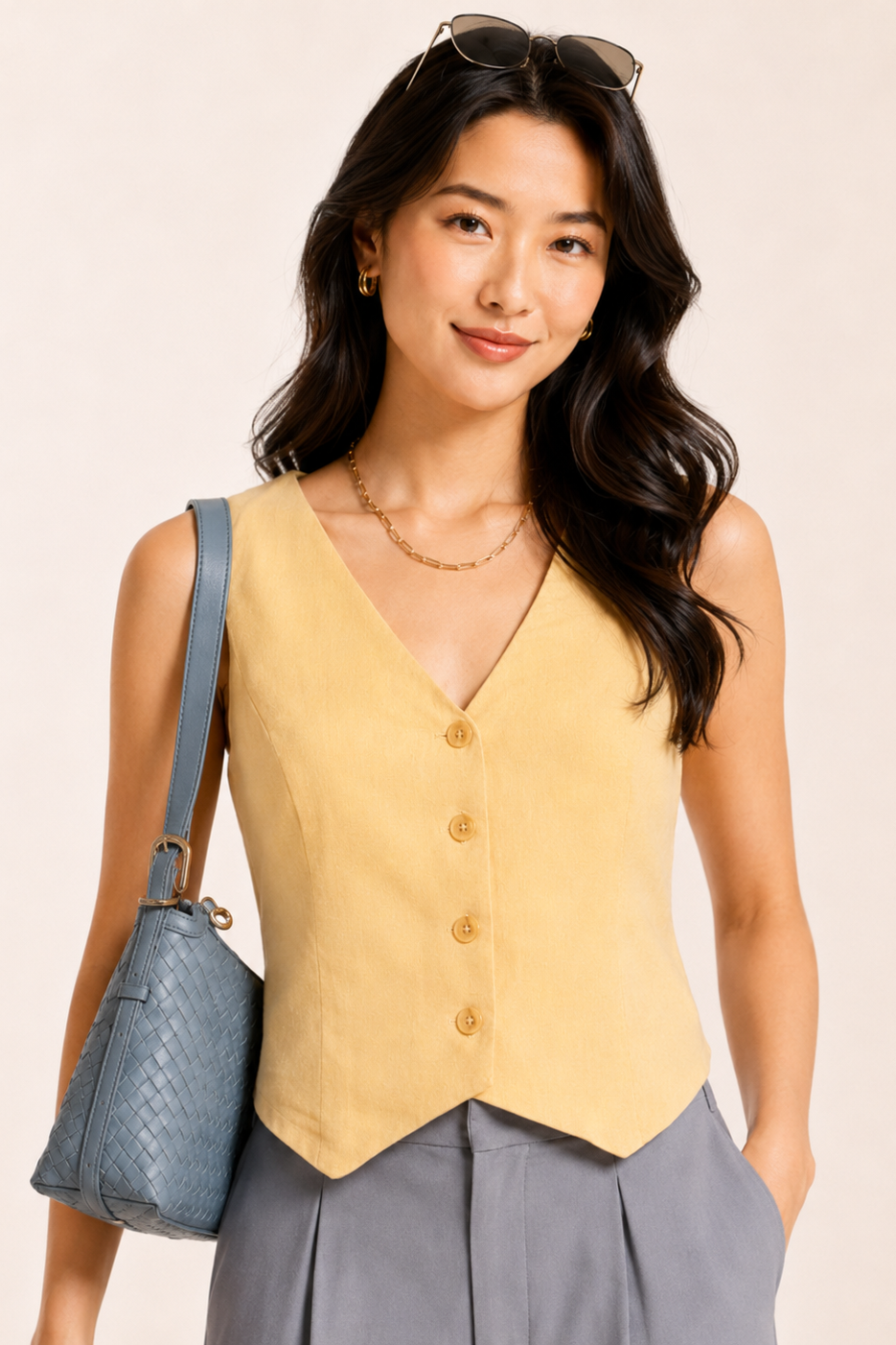 Woman wearing a yellow sleeveless top and gray pants, holding a blue handbag against a beige background
