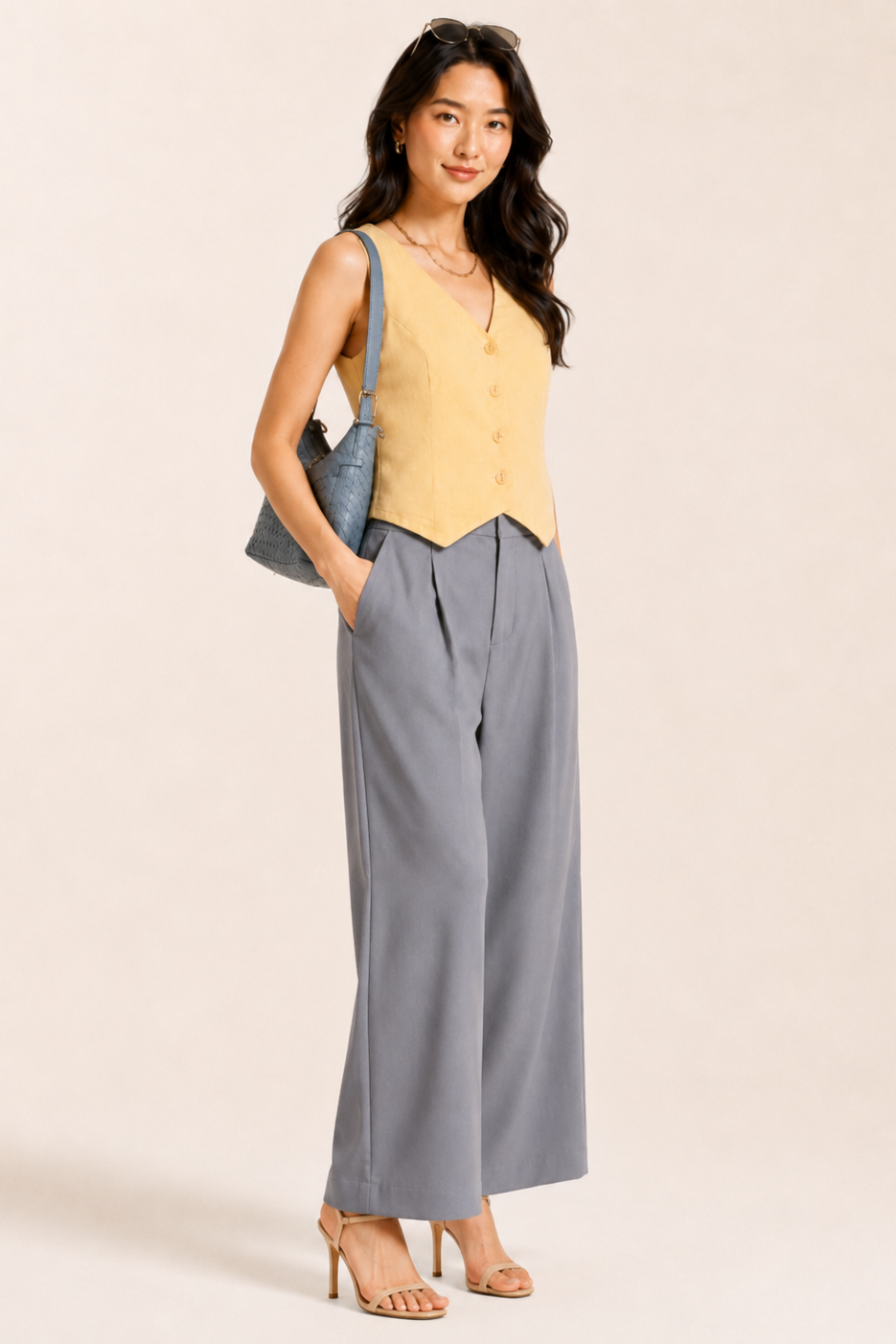 Woman wearing a yellow top and gray wide-leg pants with a beige background