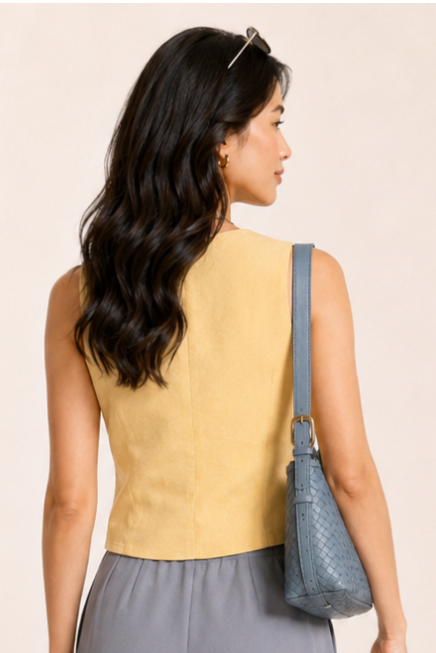 Woman wearing a yellow sleeveless top and gray wide-leg pants, standing against a beige background.