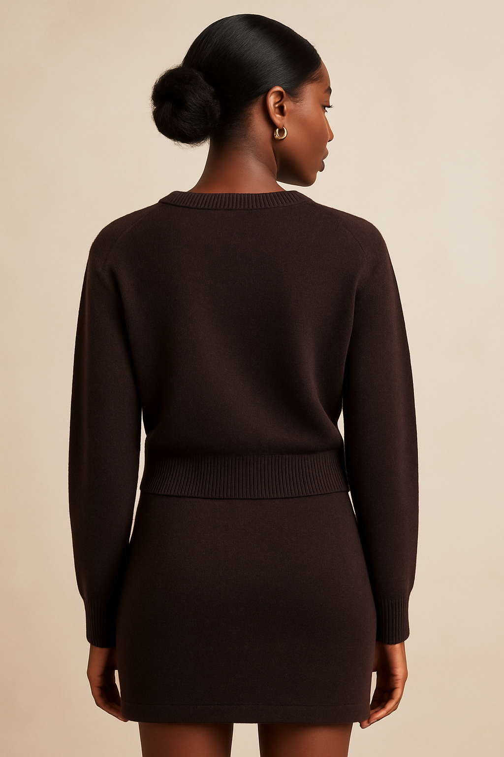 Back angle for soft knit 2 piece set in brown