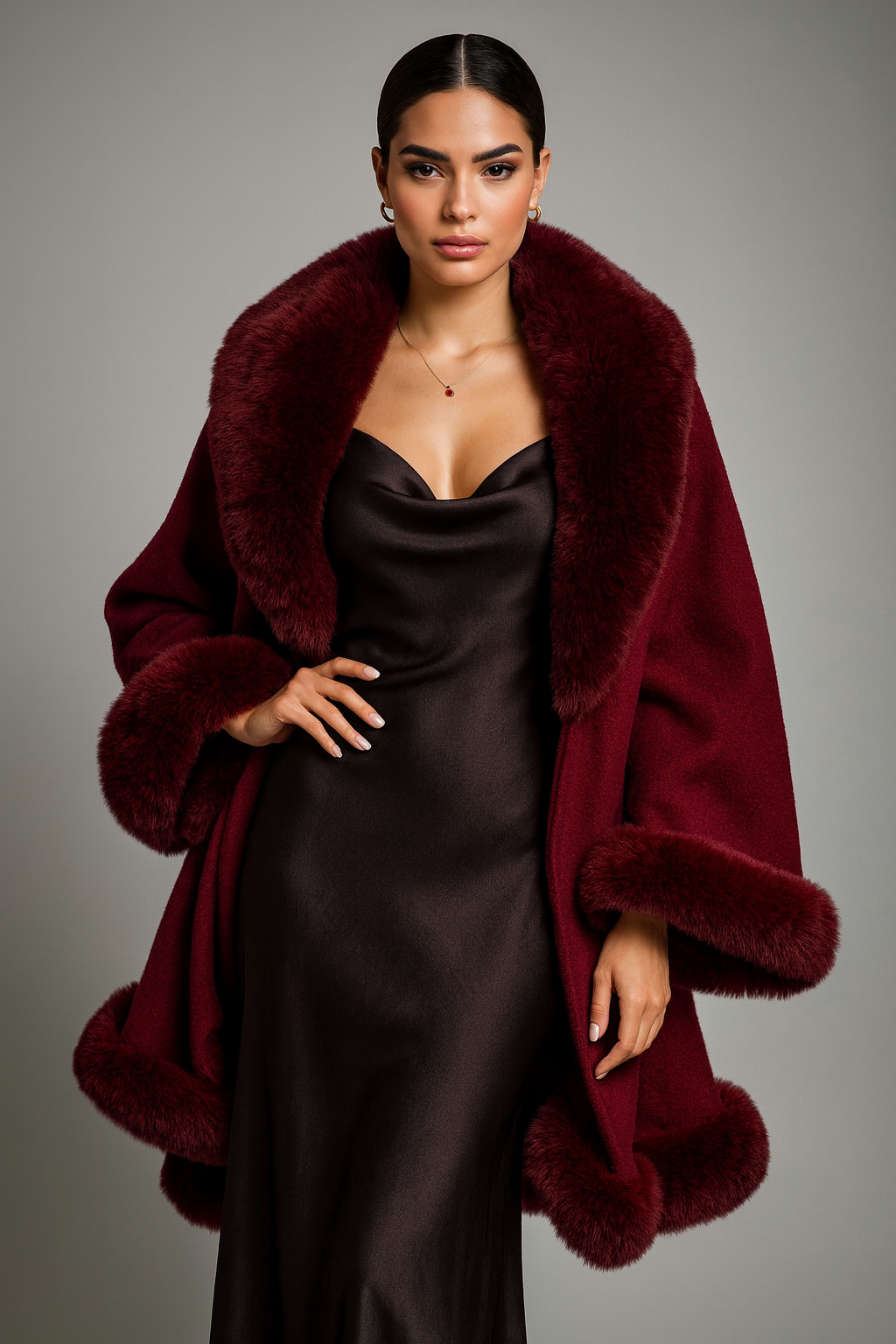 Woman wearing a burgundy fur-trimmed coat over a black dress on a gray background