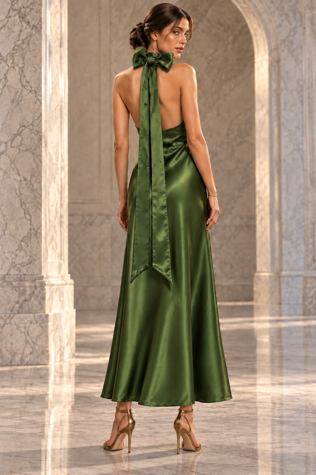 Moss Green Satin Halter Maxi Dress