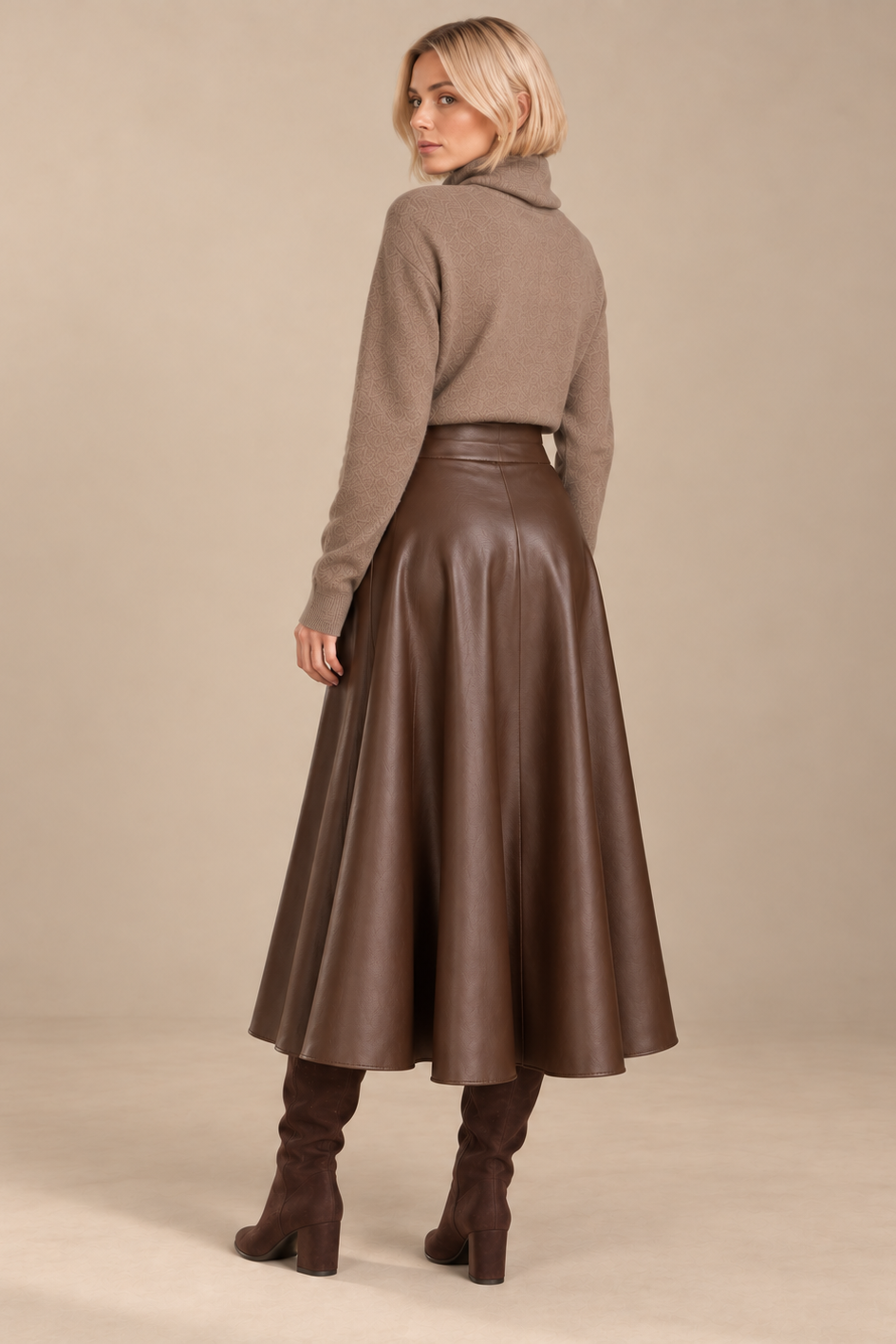 A woman shown from the back wearing a taupe turtleneck sweater, a brown faux-leather midi skirt, and brown heeled boots, set against a solid beige studio background.