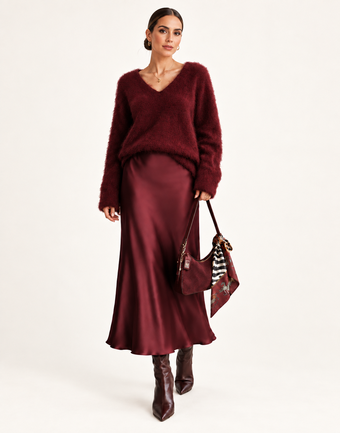 Burgundy Brushed Wool V-Neck Sweater