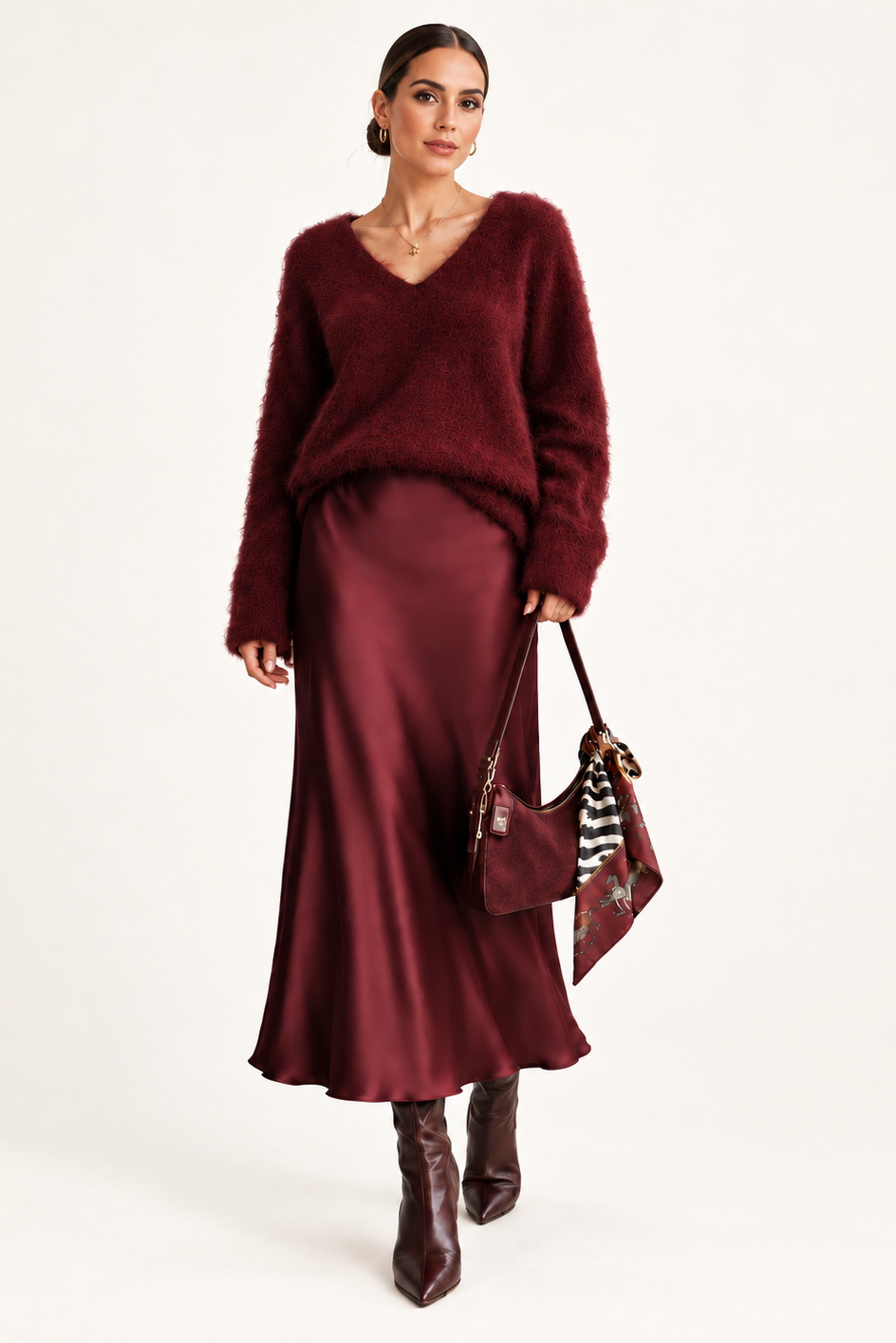 Burgundy Satin Midi Skirt