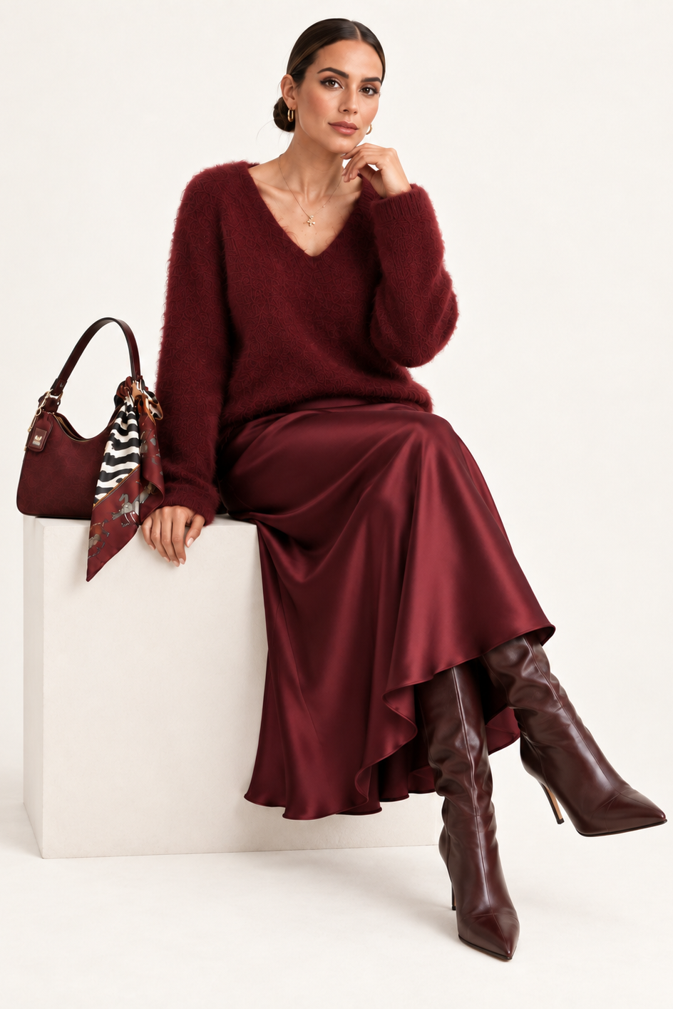 Burgundy Satin Midi Skirt