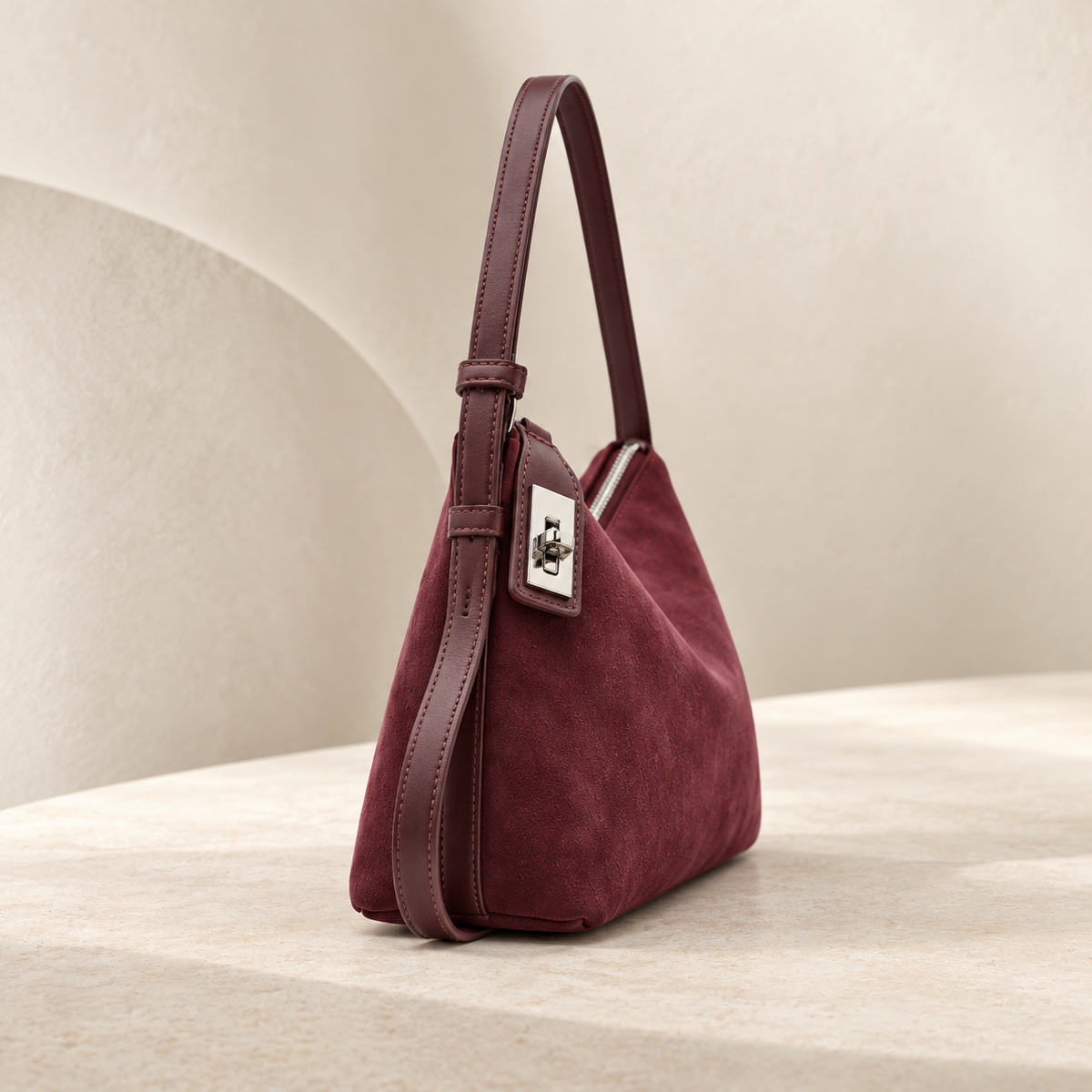 Zip-Lock Suede Shoulder Bag