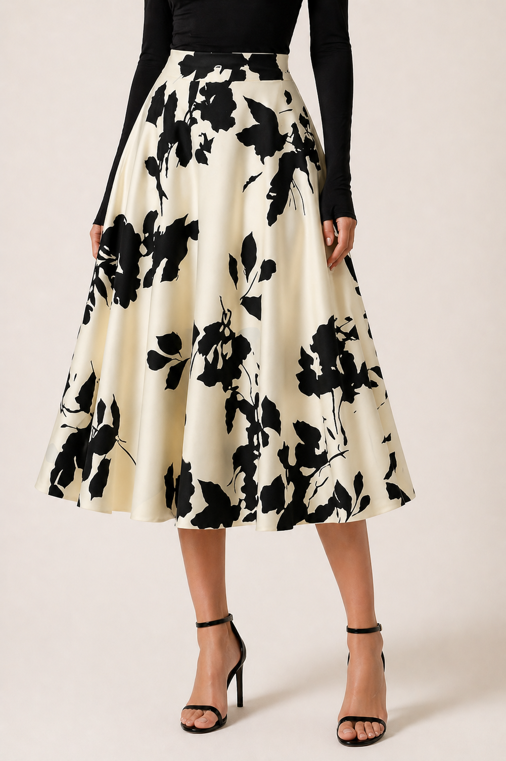 Black & Ivory Floral Midi Skirt