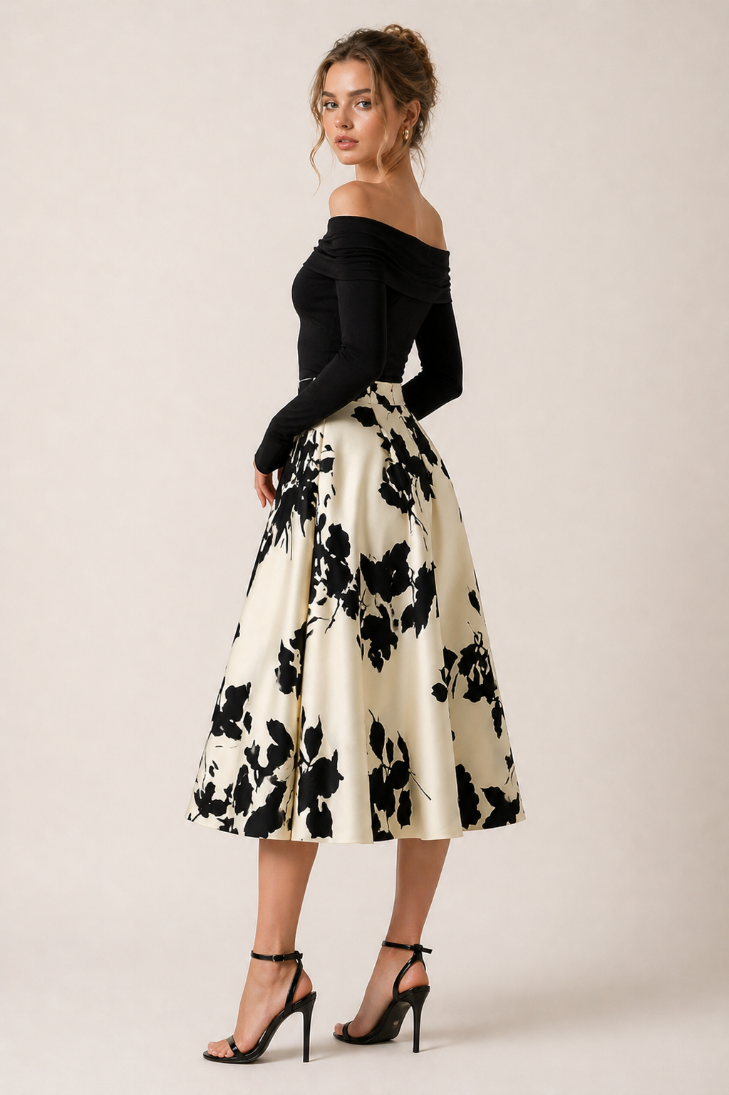 Black & Ivory Floral Midi Skirt