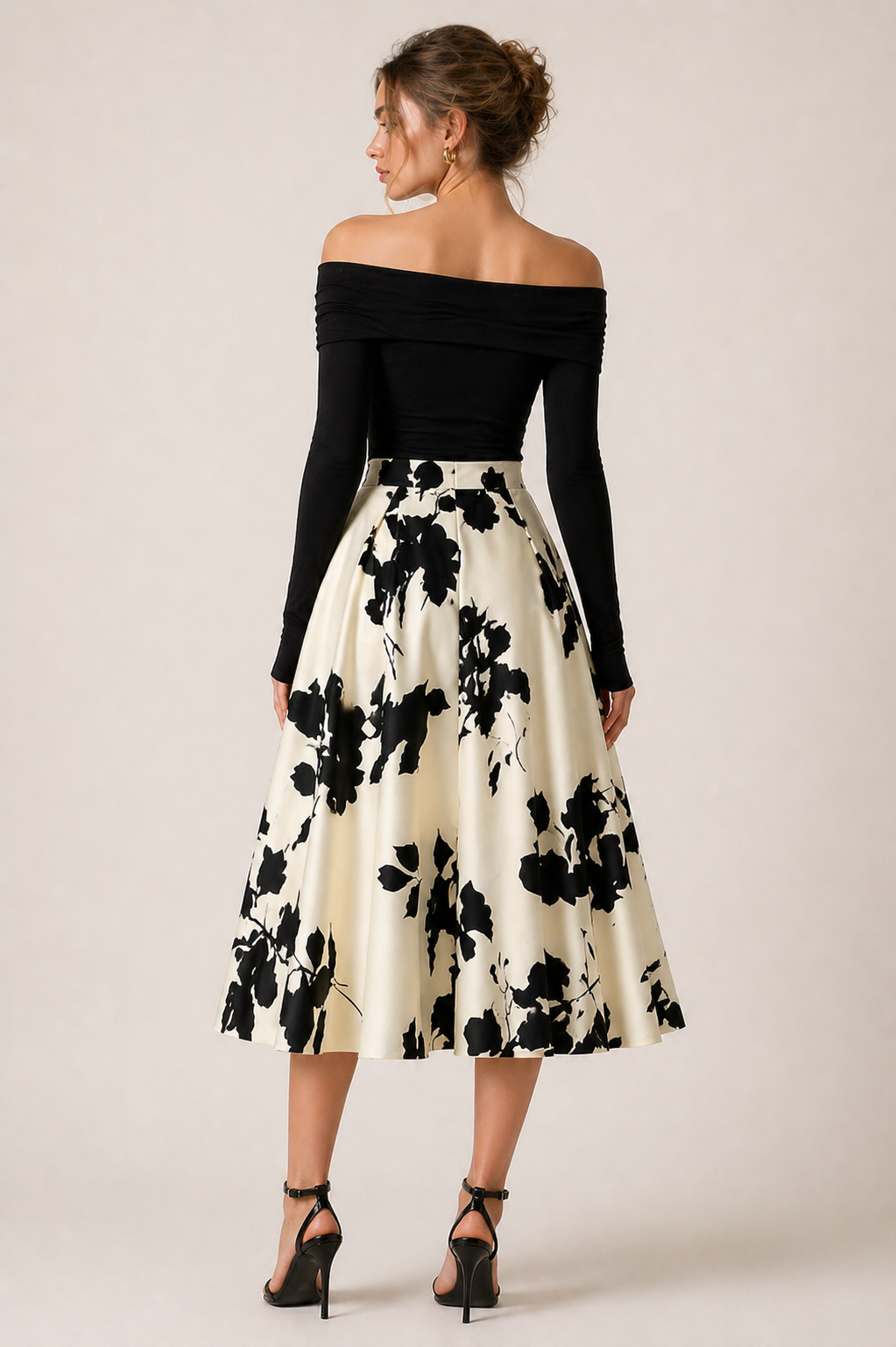 Black & Ivory Floral Midi Skirt