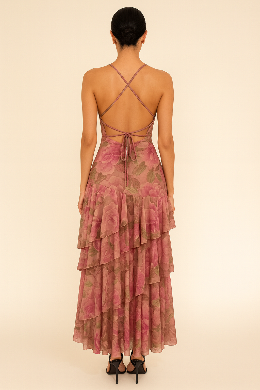 Floral Tiered Maxi Dress with Plunging Neckline