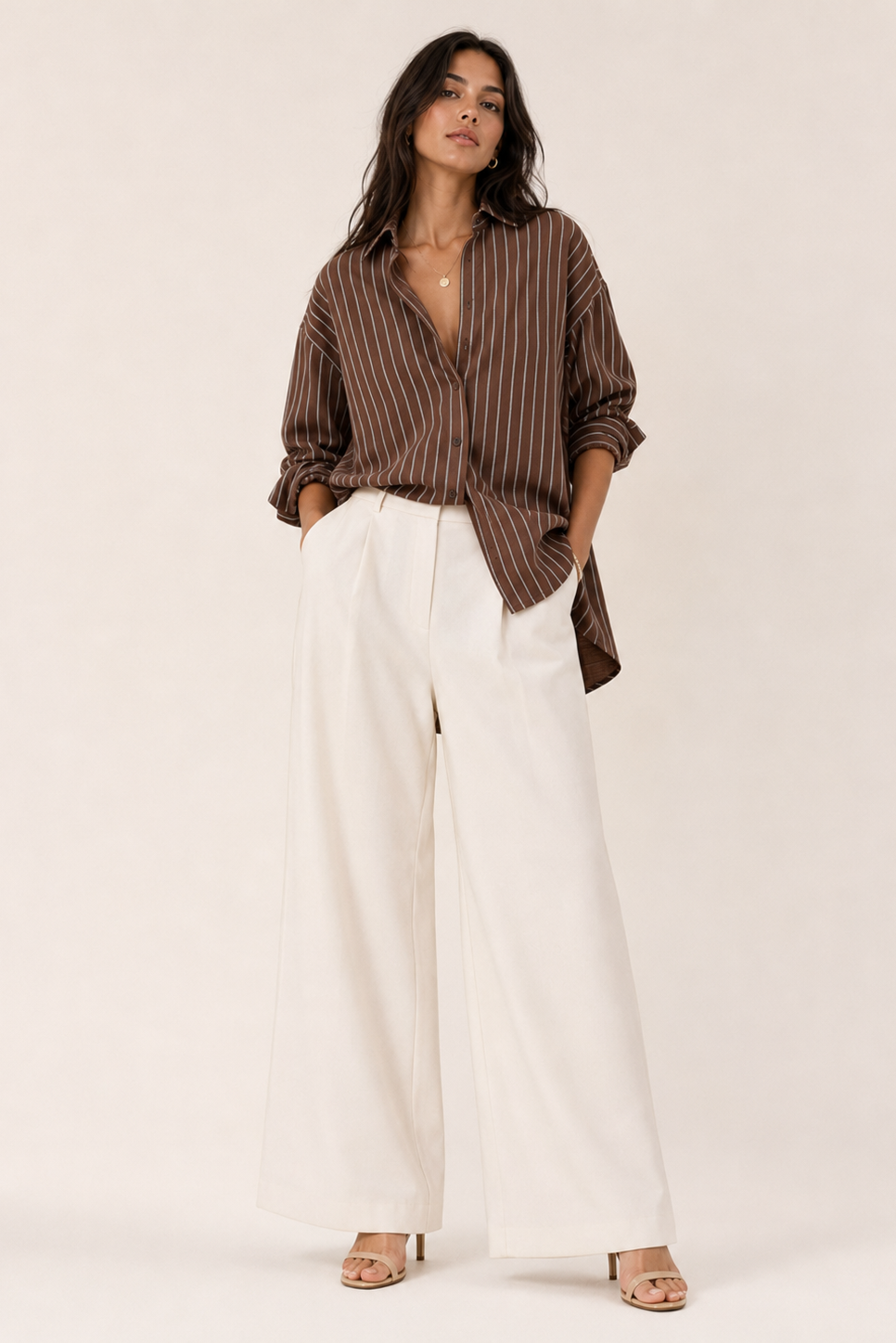 Woman wearing a brown striped shirt and white pants on a beige background