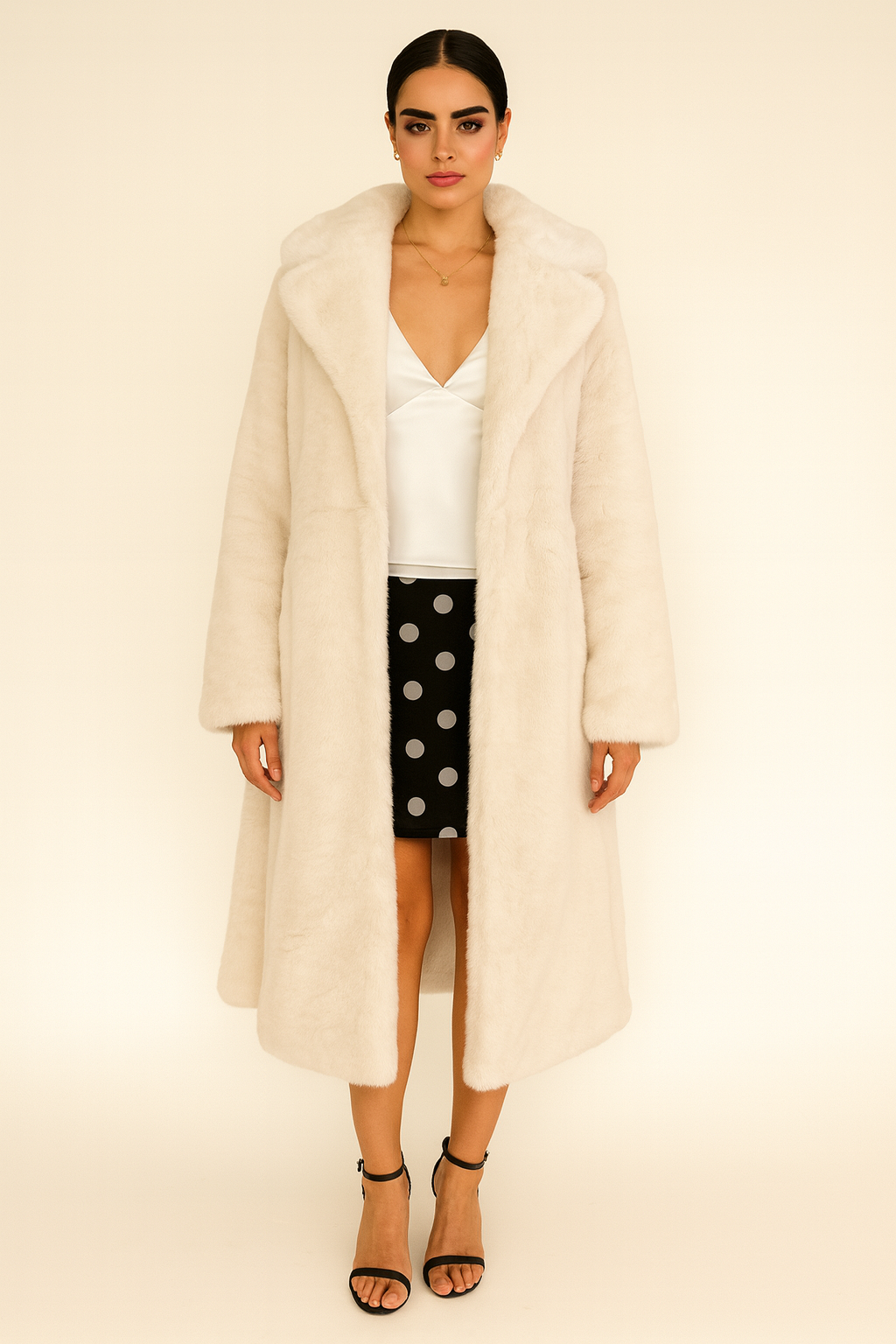Model wearing white long mink fur coat