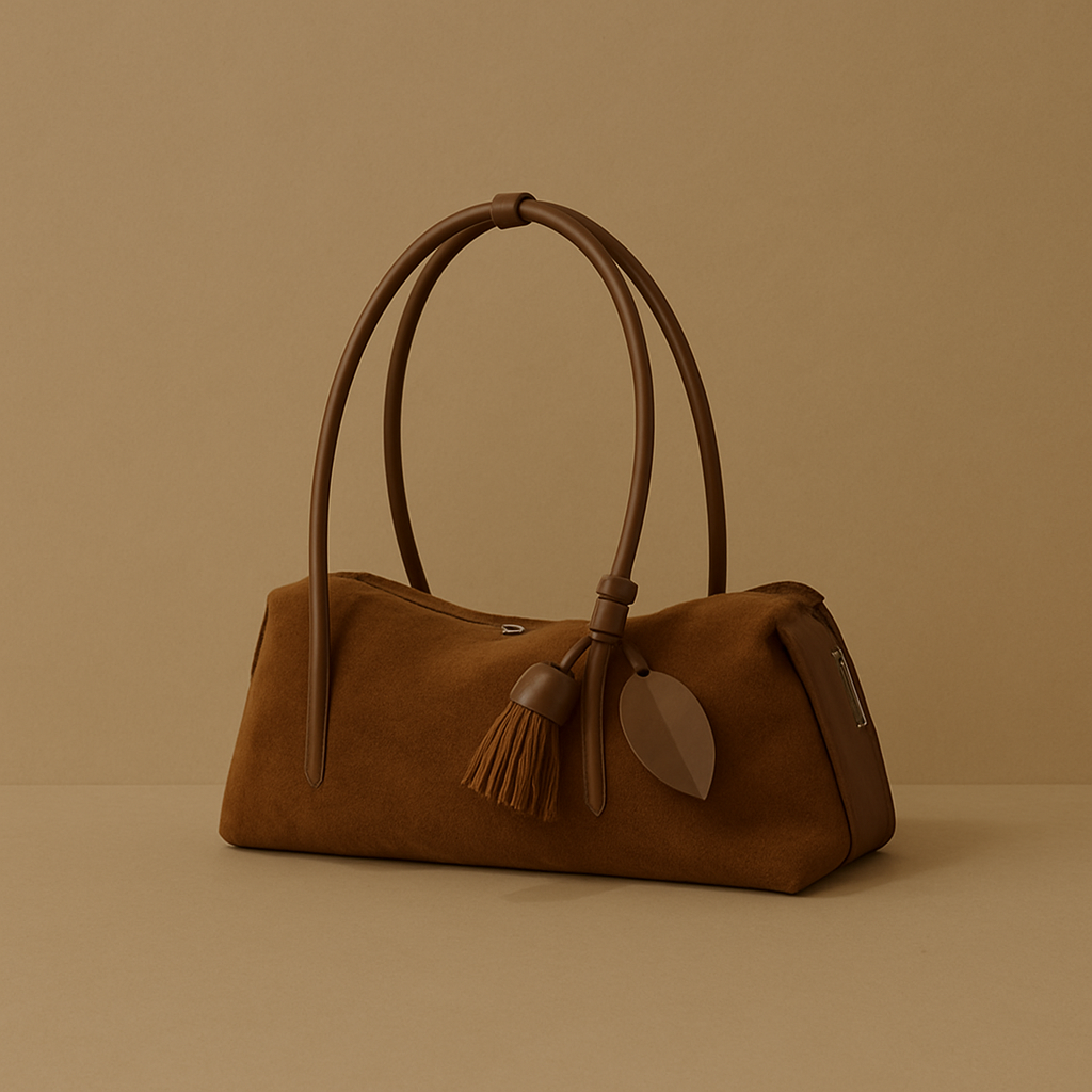 Brown leather handbag with a tassel on a beige background