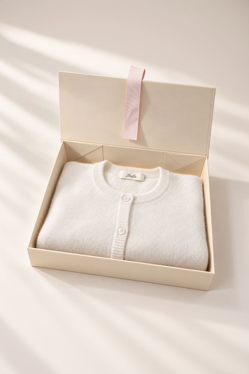 A folded cream-colored knit cardigan sweater with a buttoned placket, presented inside an open beige gift box with a light pink ribbon on the inside lid. The brand name 'Bella' is visible on the inner neck label.
