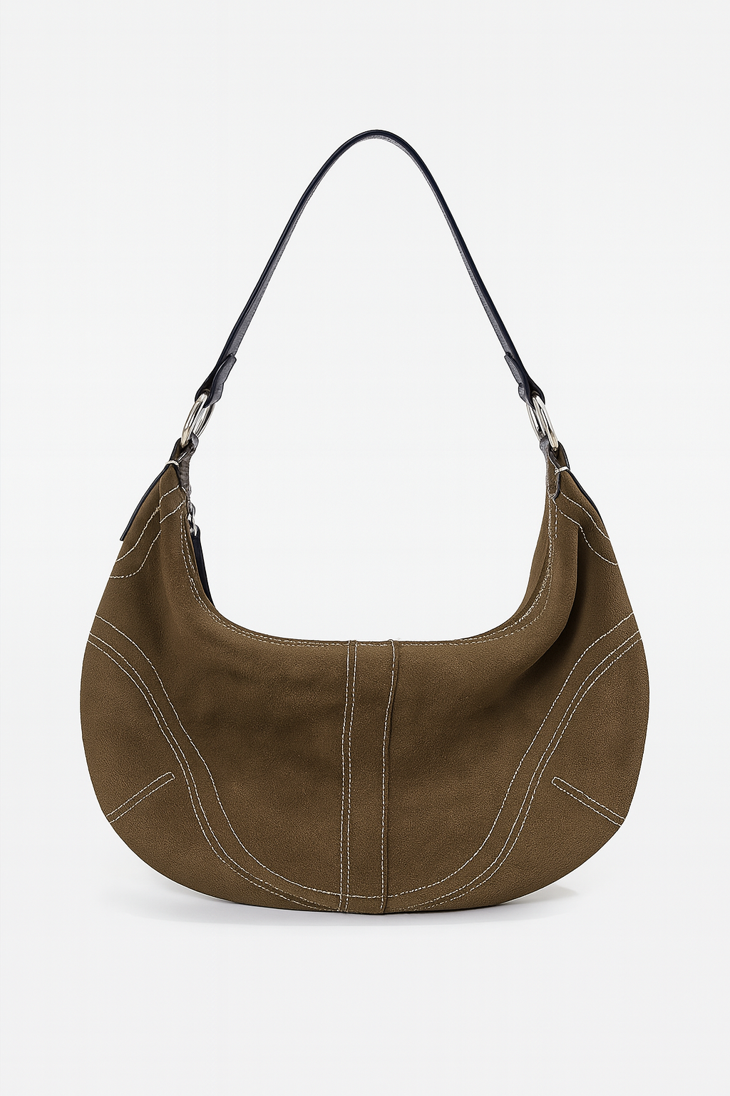 Brown leather handbag with a black strap on a white background